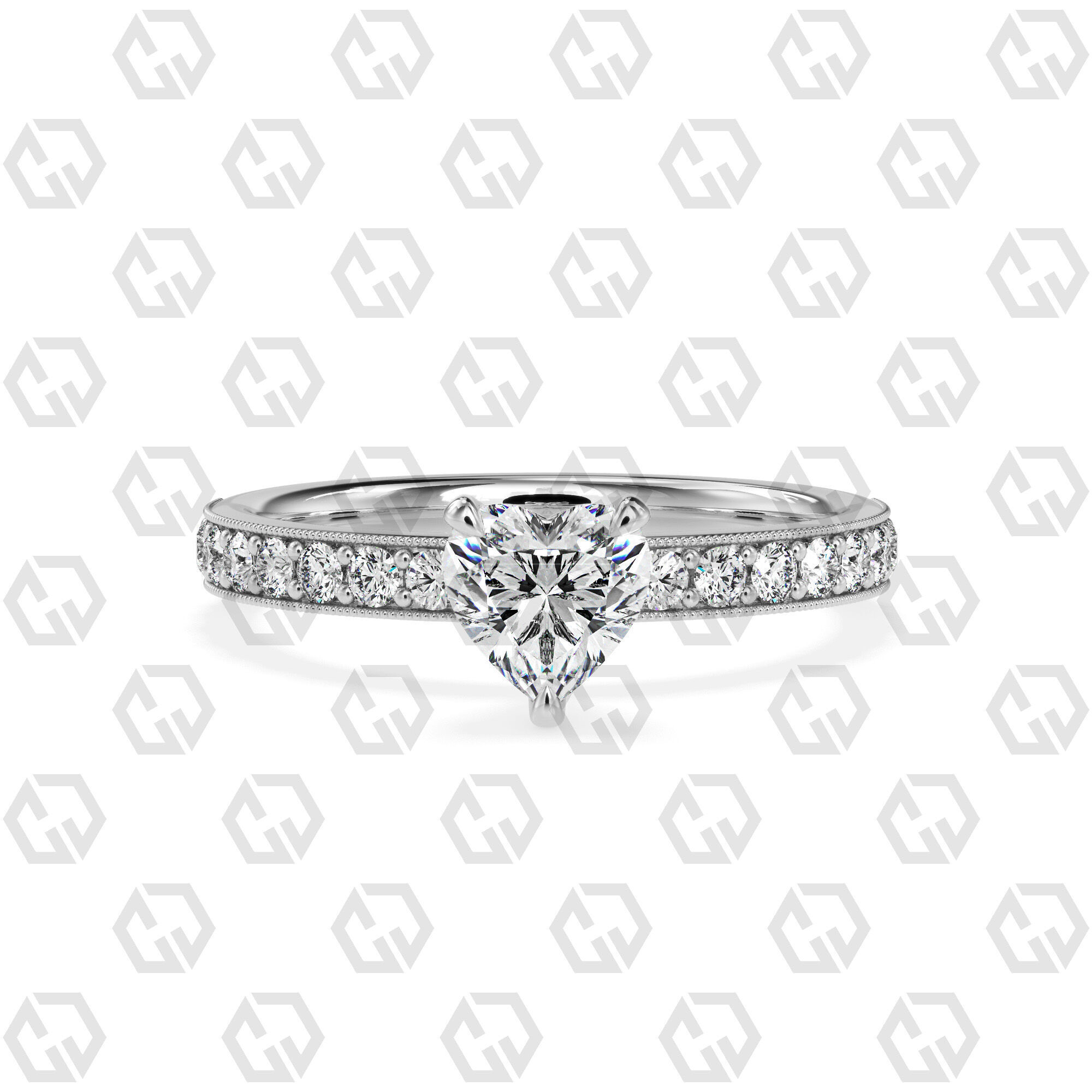 Ring 164 Heart Shape milgrain pave set ring with Gems 3D print model_7