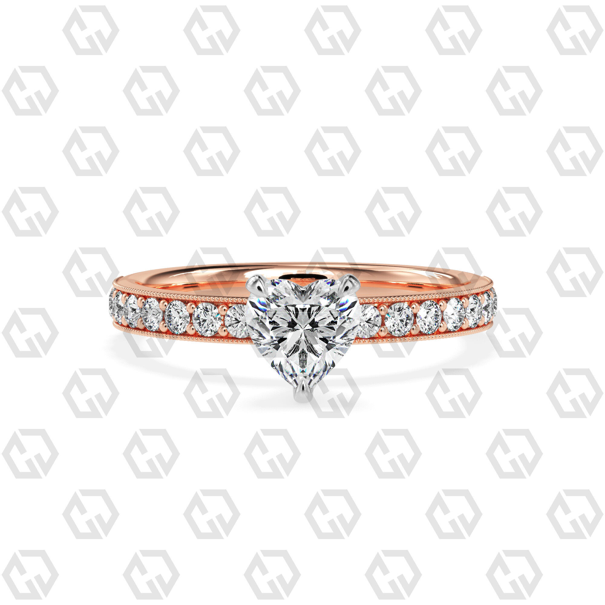 Ring 164 Heart Shape milgrain pave set ring with Gems 3D print model_5