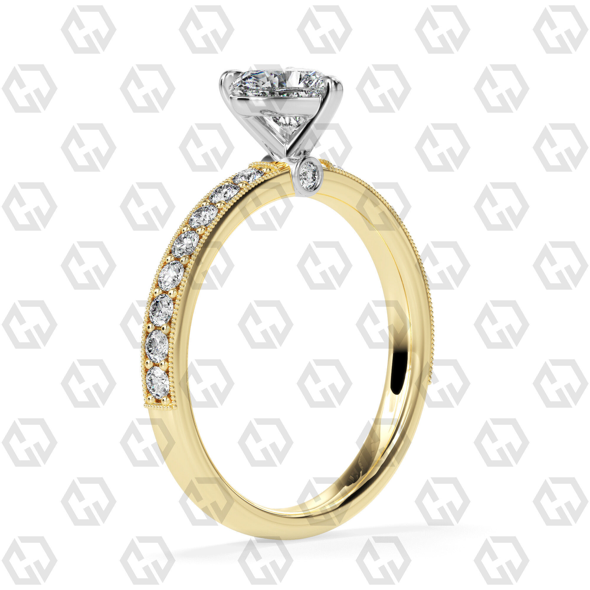 Ring 164 Heart Shape milgrain pave set ring with Gems 3D print model_8
