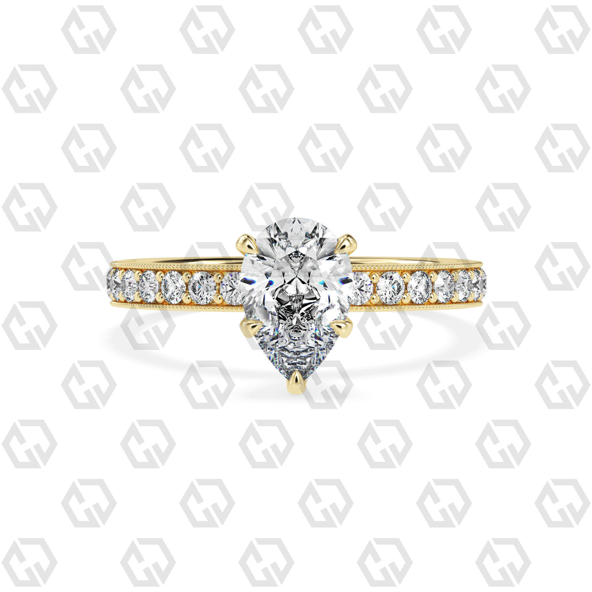 Ring 167 Pear Shape milgrain pave set ring with Gems 3D print model_13