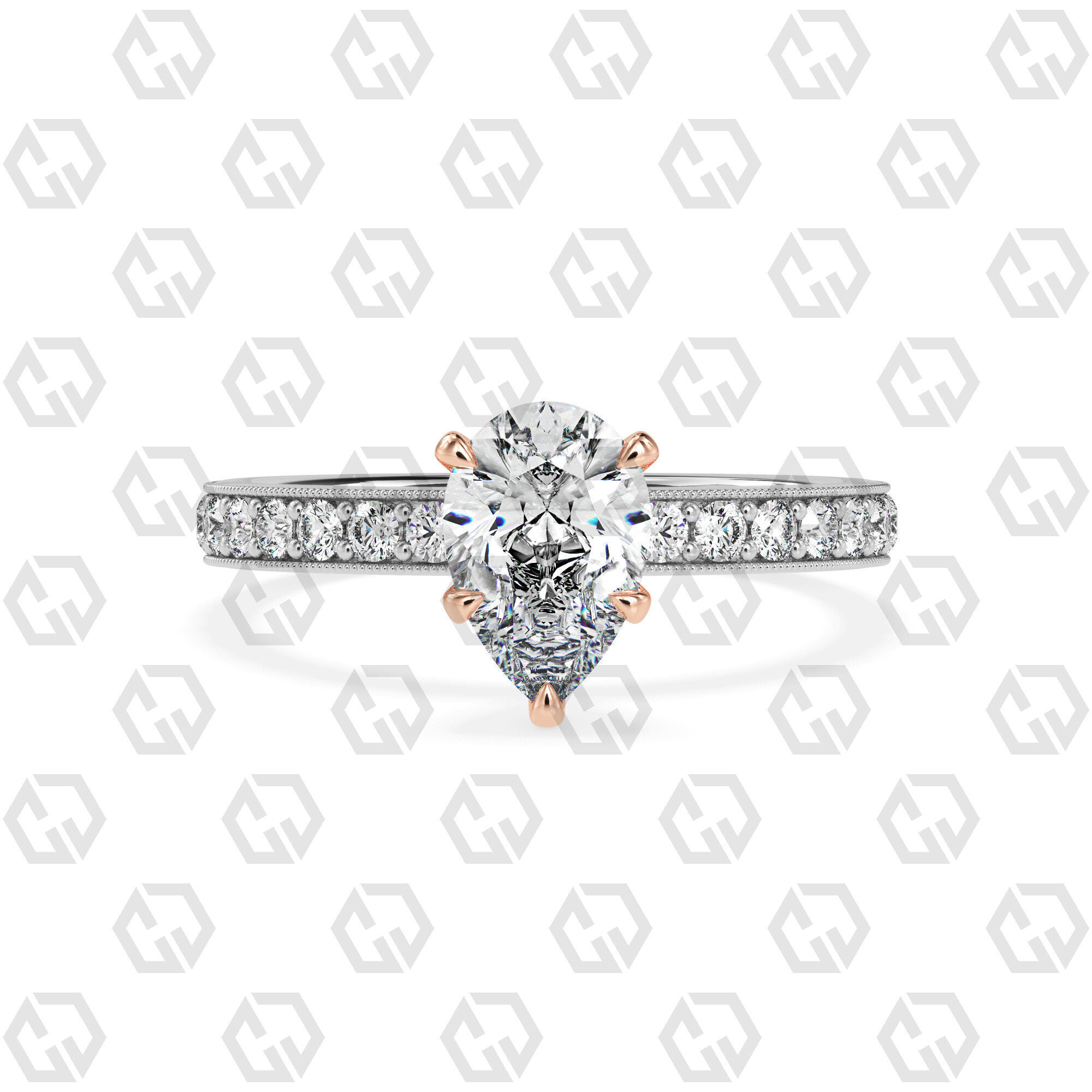 Ring 167 Pear Shape milgrain pave set ring with Gems 3D print model_3