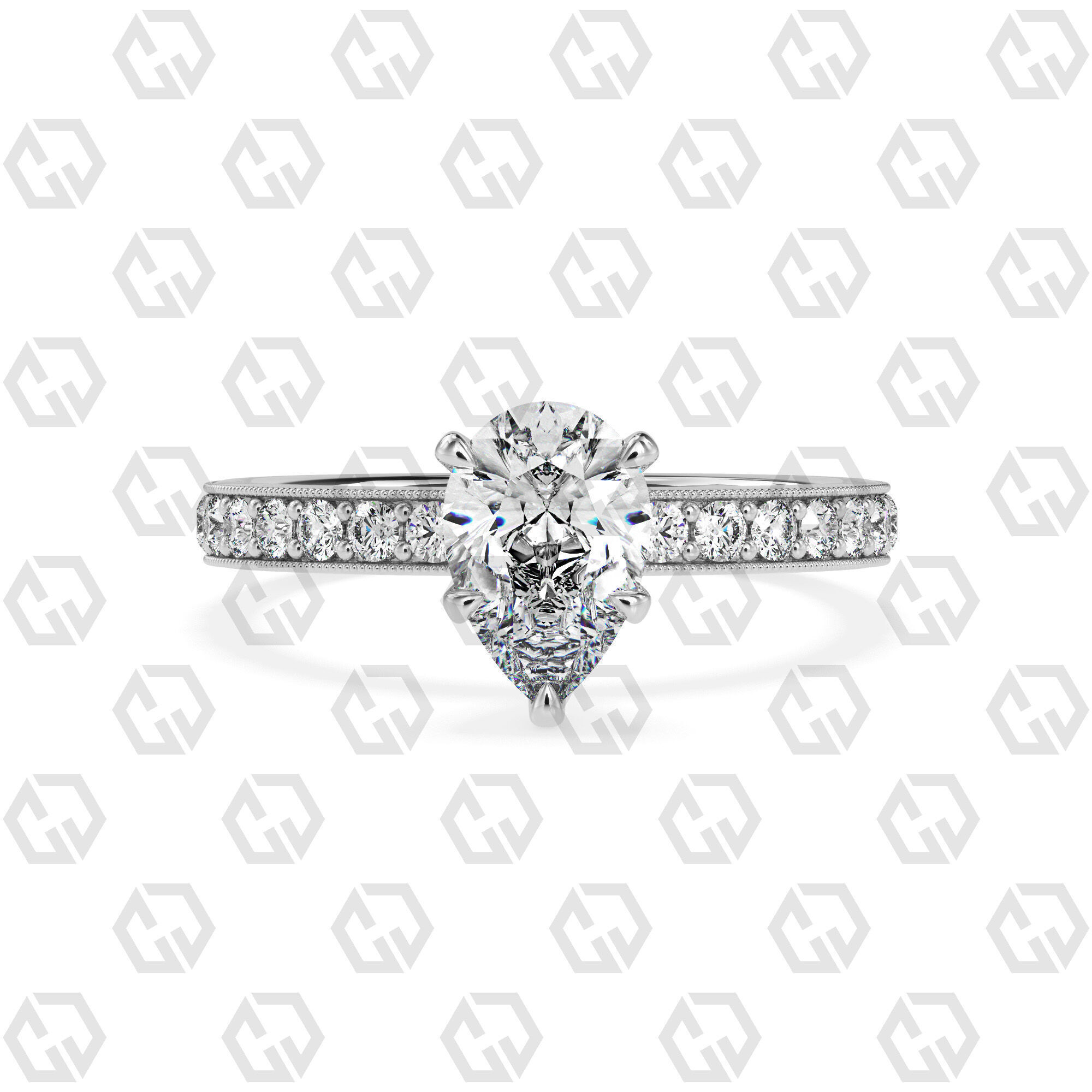 Ring 167 Pear Shape milgrain pave set ring with Gems 3D print model_7