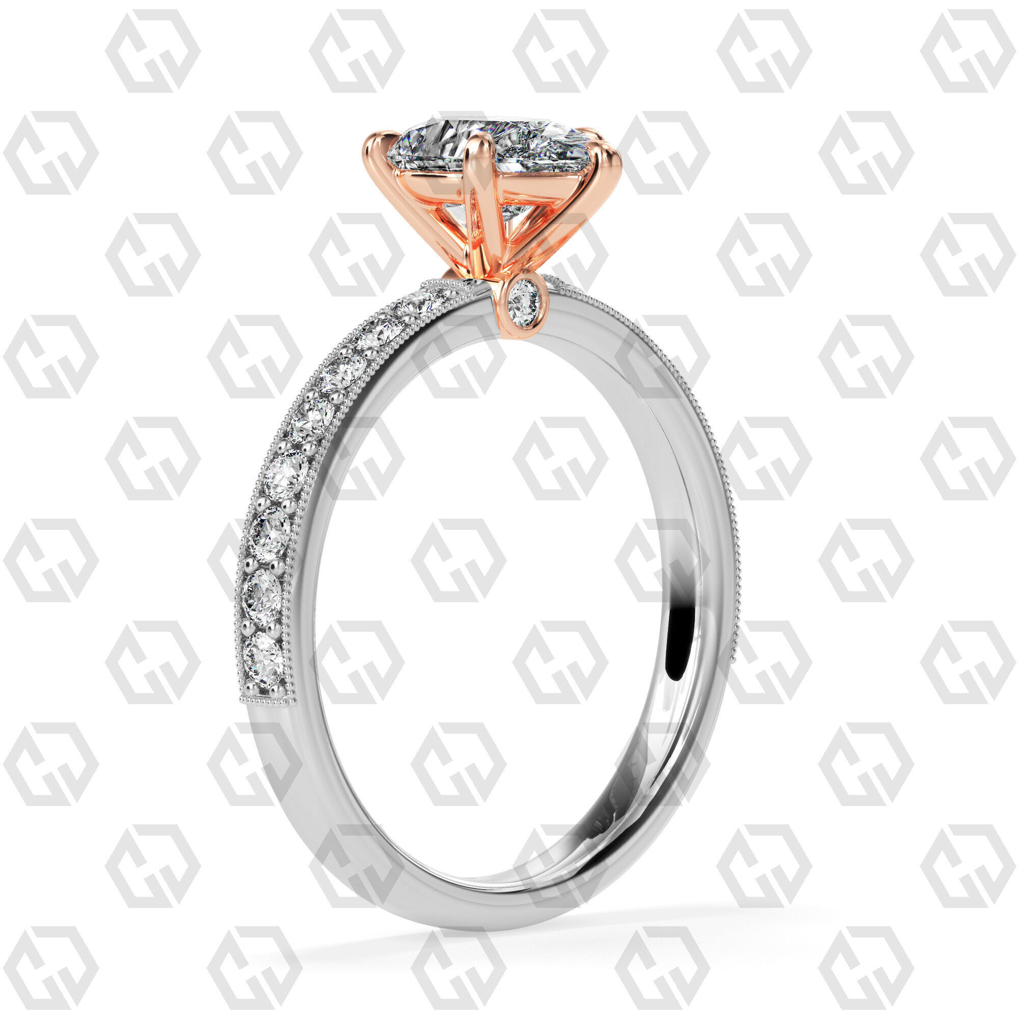 Ring 167 Pear Shape milgrain pave set ring with Gems 3D print model_2