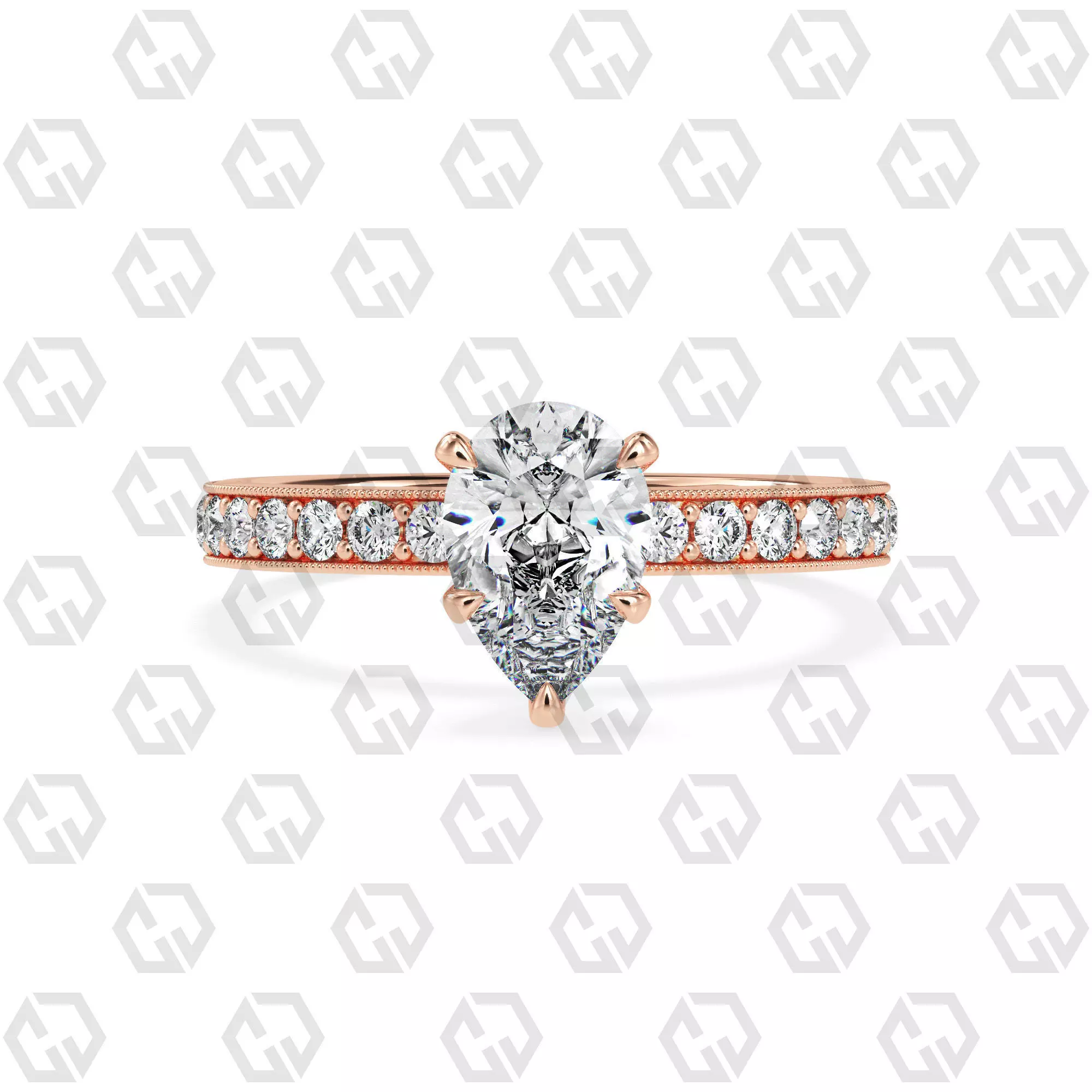 Ring 167 Pear Shape milgrain pave set ring with Gems 3D print model_0