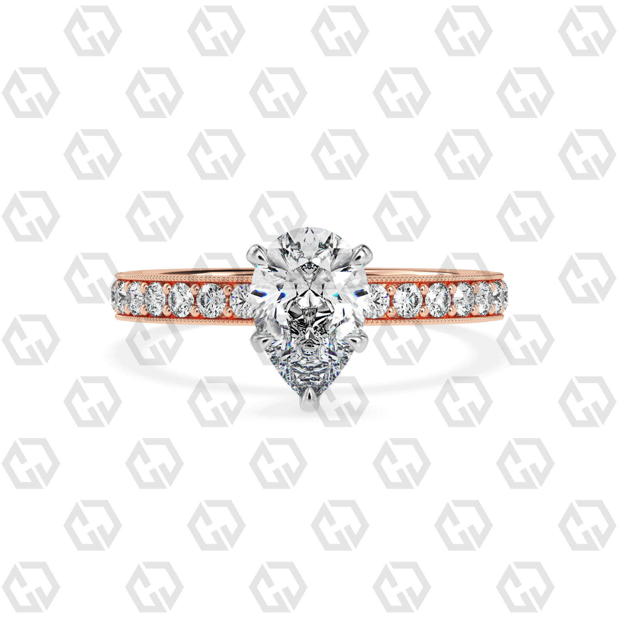 Ring 167 Pear Shape milgrain pave set ring with Gems 3D print model_5