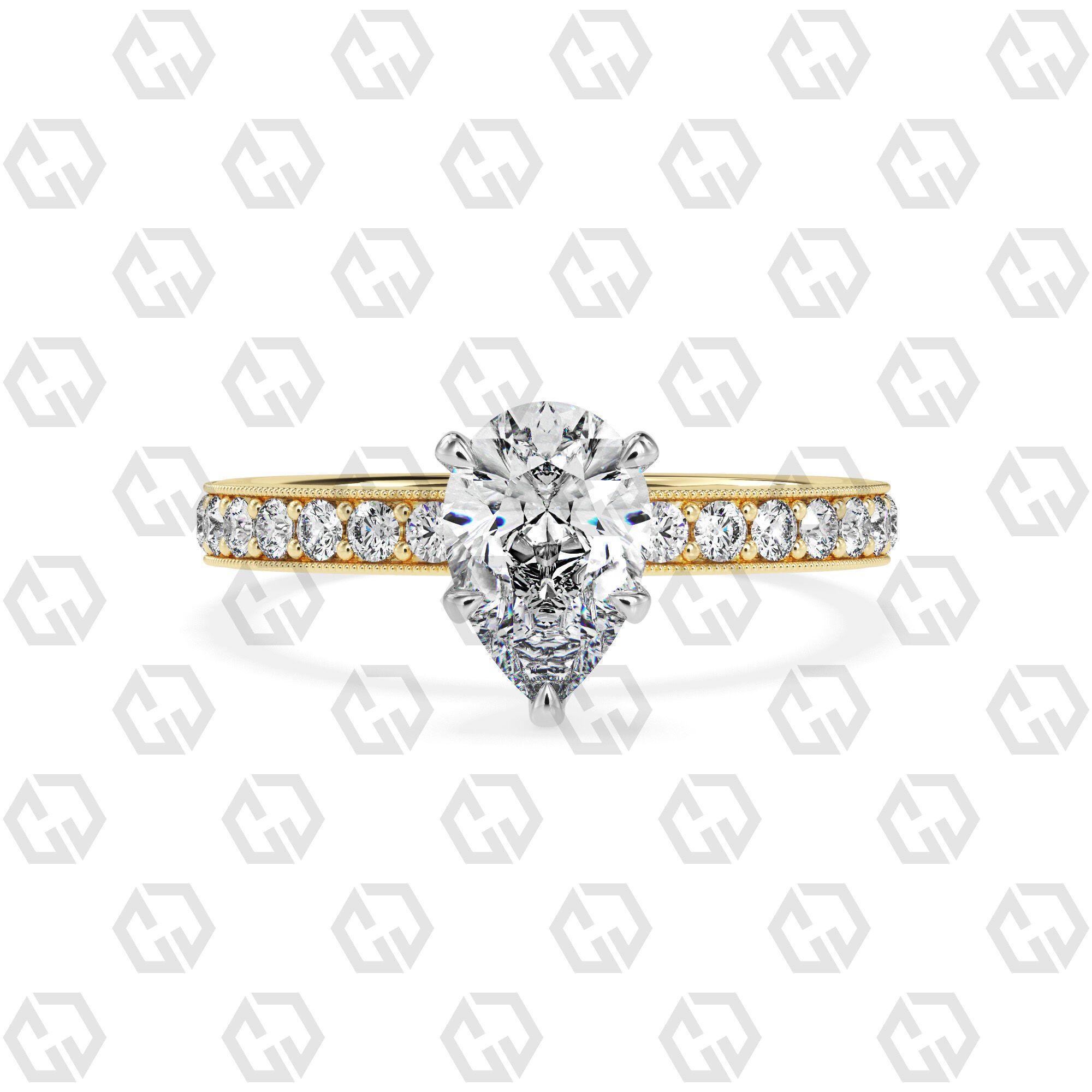 Ring 167 Pear Shape milgrain pave set ring with Gems 3D print model_9