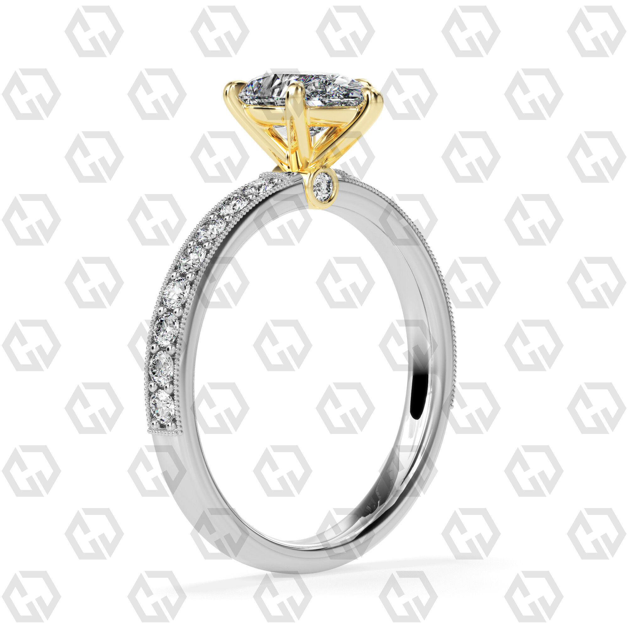 Ring 167 Pear Shape milgrain pave set ring with Gems 3D print model_10