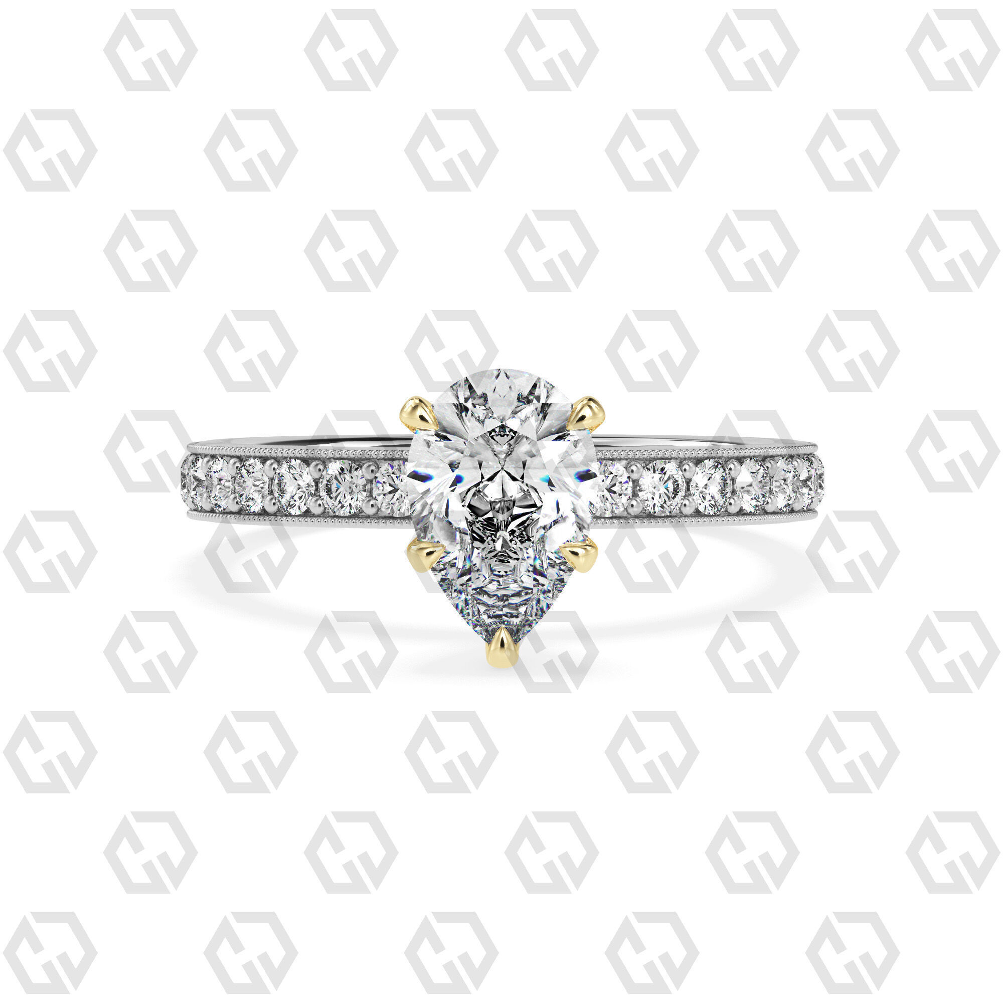 Ring 167 Pear Shape milgrain pave set ring with Gems 3D print model_11