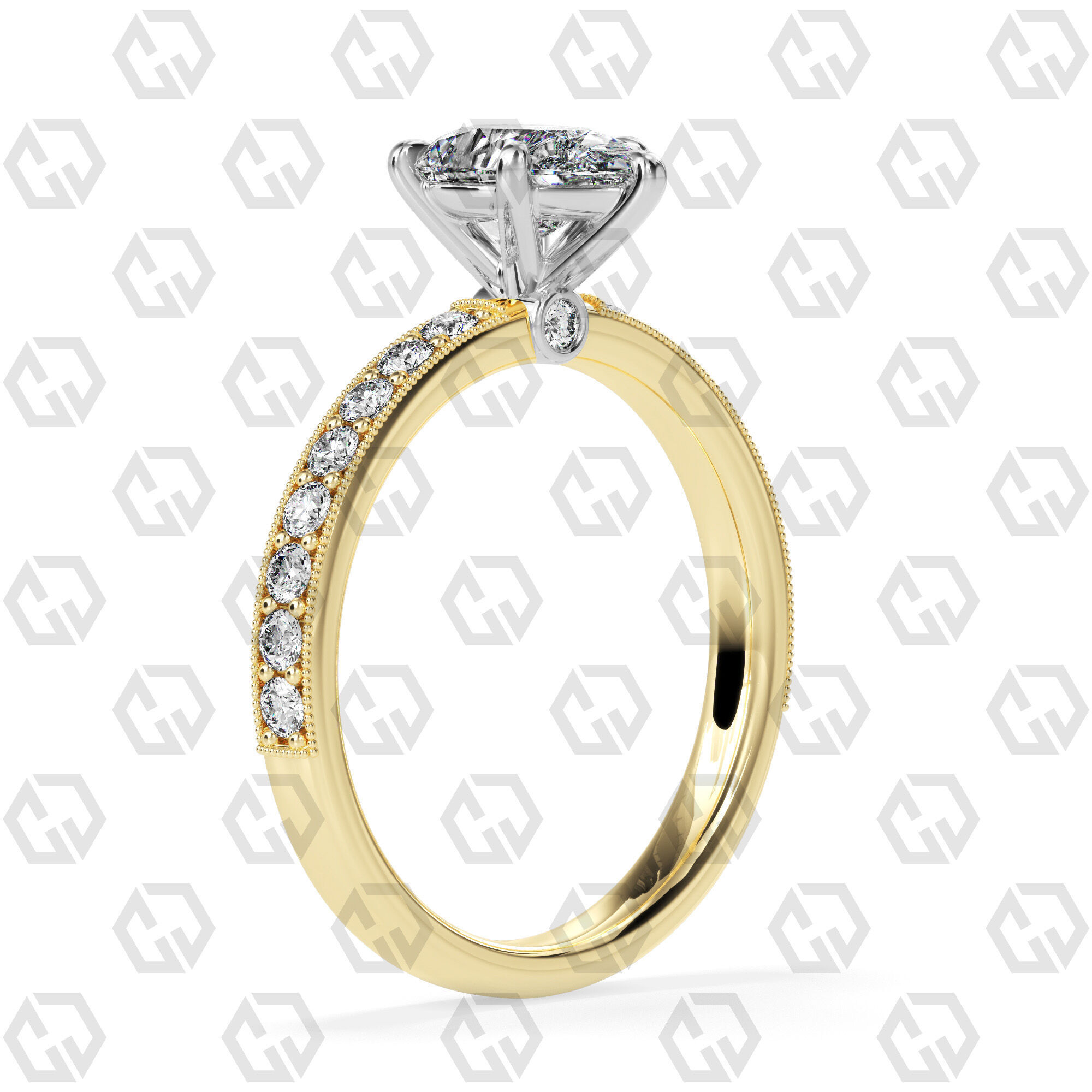 Ring 167 Pear Shape milgrain pave set ring with Gems 3D print model_8