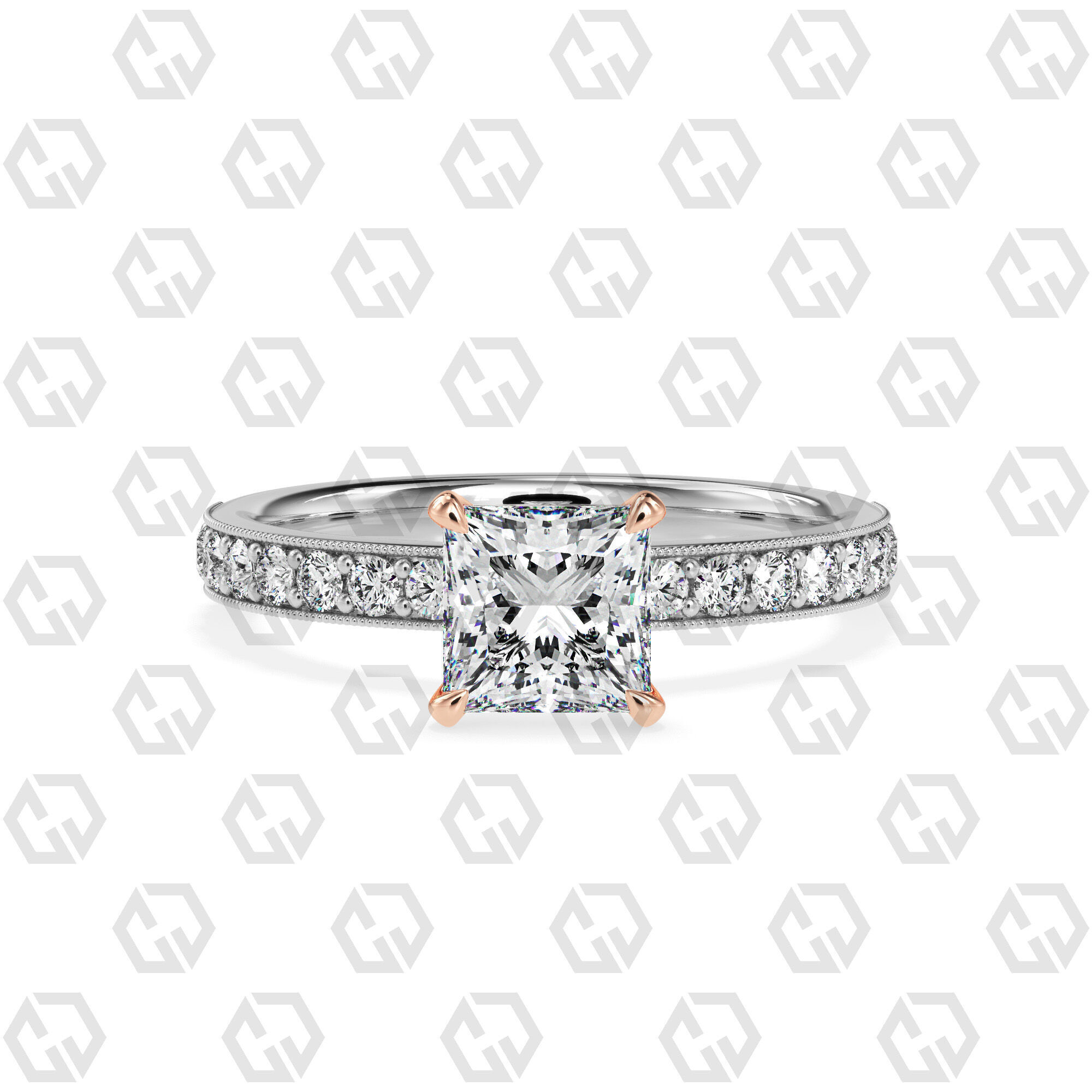Ring 168 Princess Shape milgrain pave set ring with Gems 3D print model_3