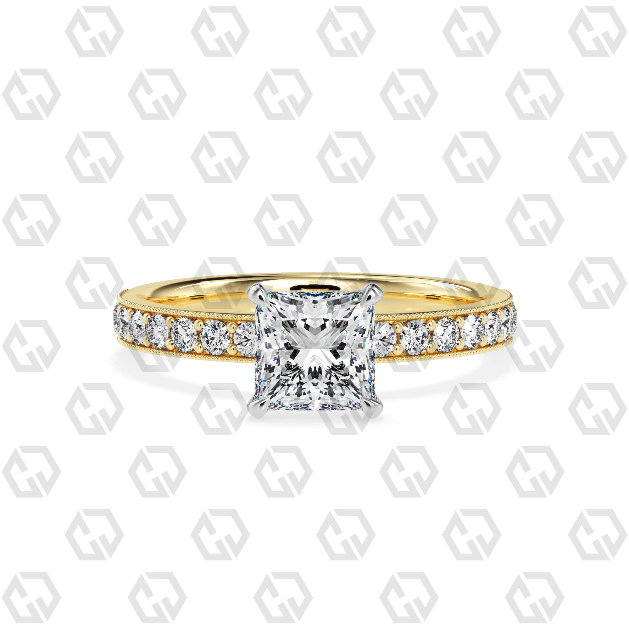 Ring 168 Princess Shape milgrain pave set ring with Gems 3D print model_9