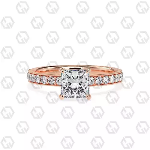 Ring 168 Princess Shape milgrain pave set ring with Gems