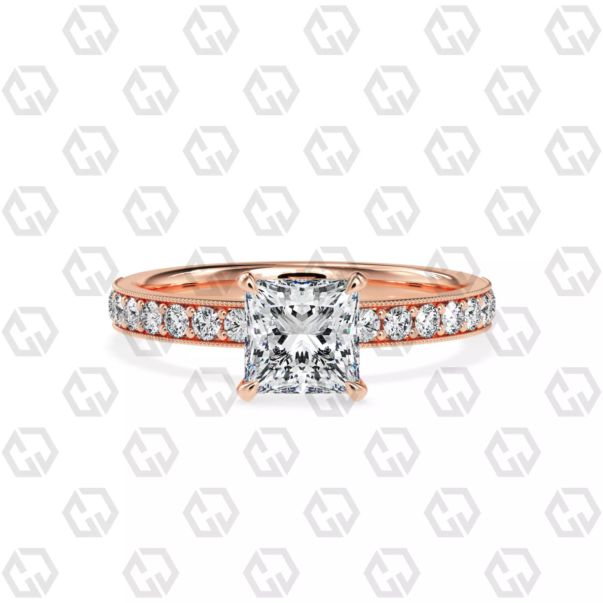 Ring 168 Princess Shape milgrain pave set ring with Gems 3D print model_0