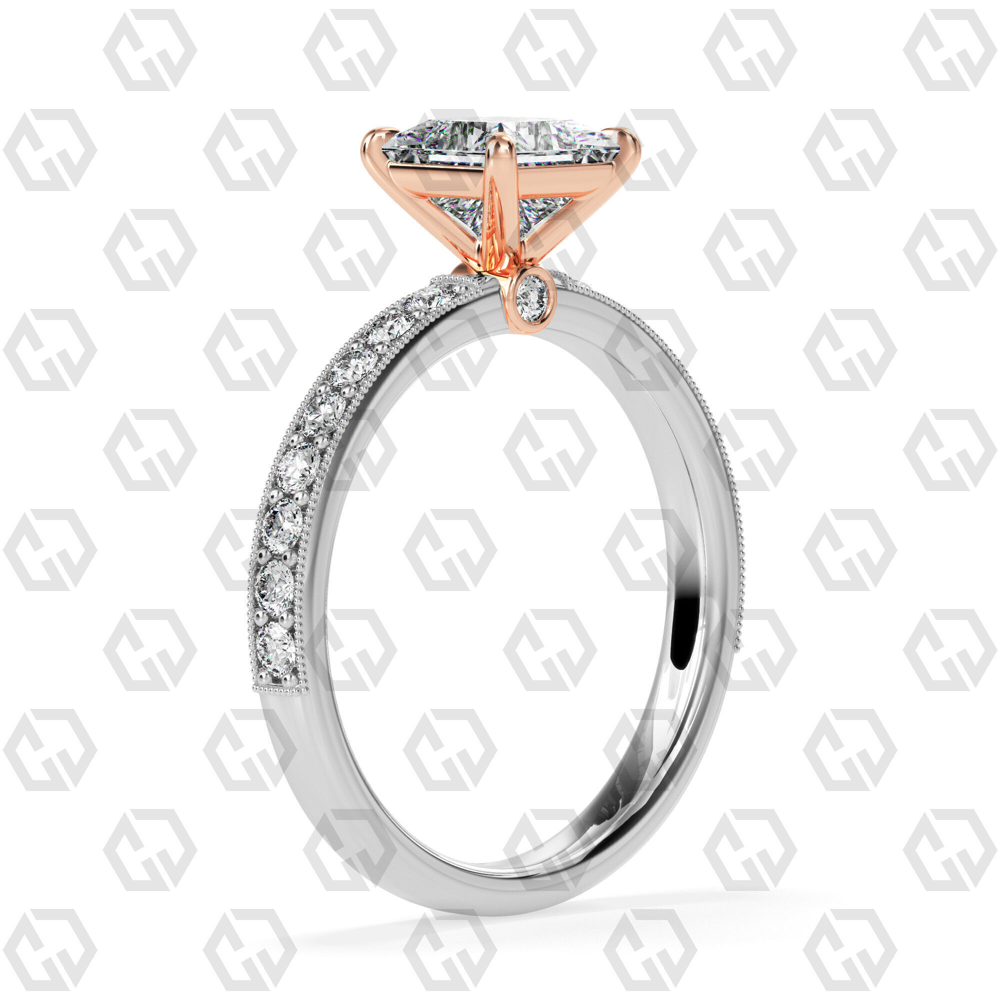 Ring 168 Princess Shape milgrain pave set ring with Gems 3D print model_2