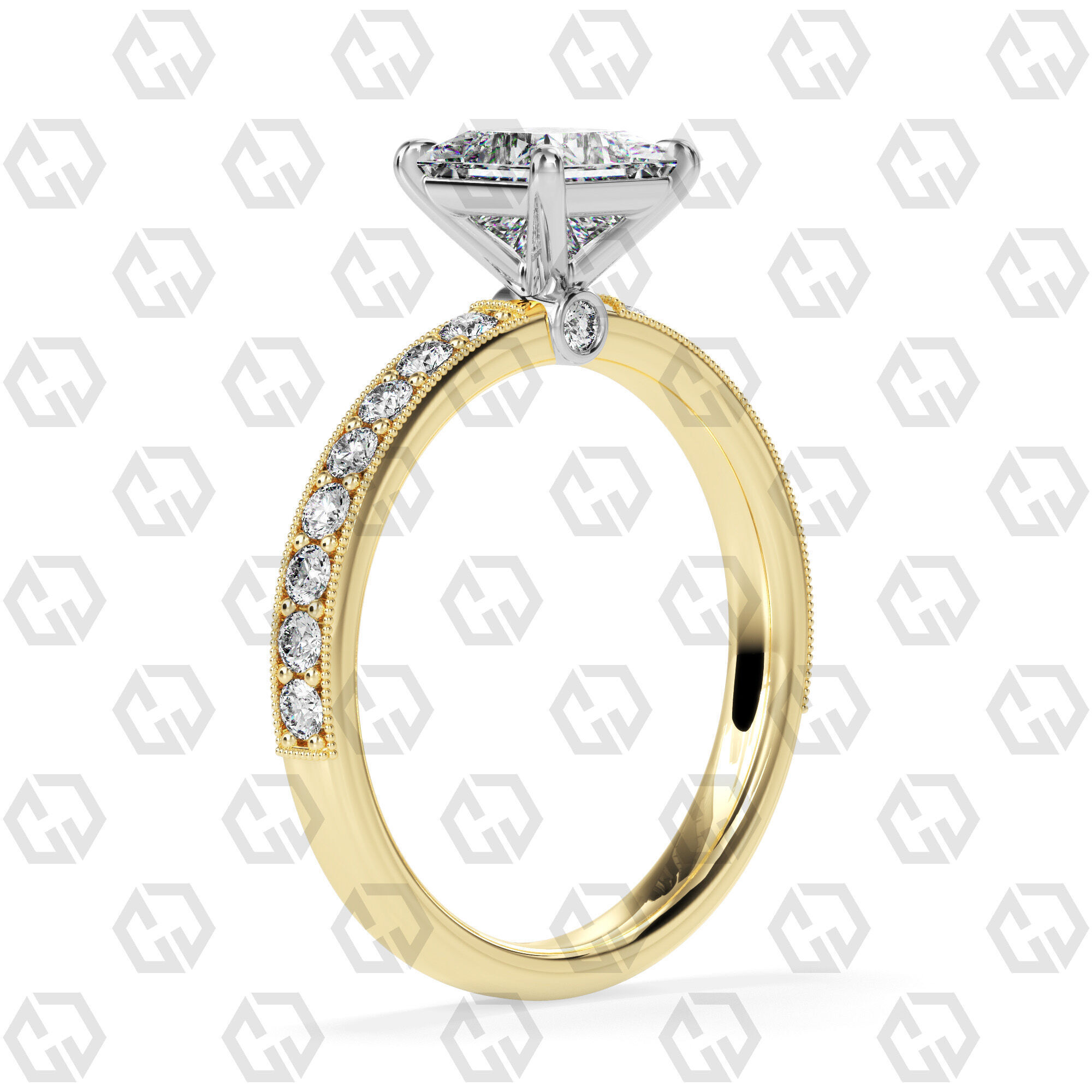 Ring 168 Princess Shape milgrain pave set ring with Gems 3D print model_8