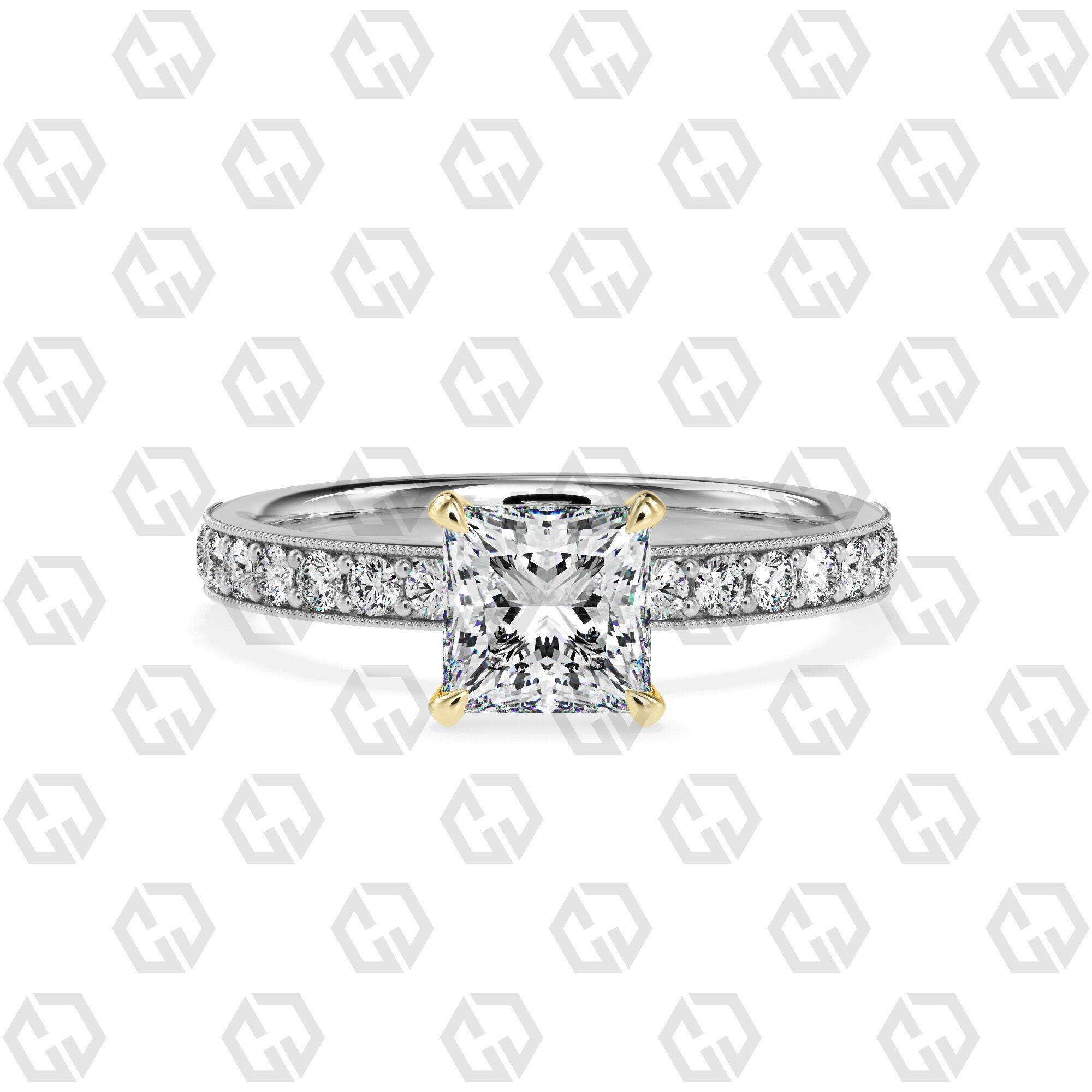 Ring 168 Princess Shape milgrain pave set ring with Gems 3D print model_11