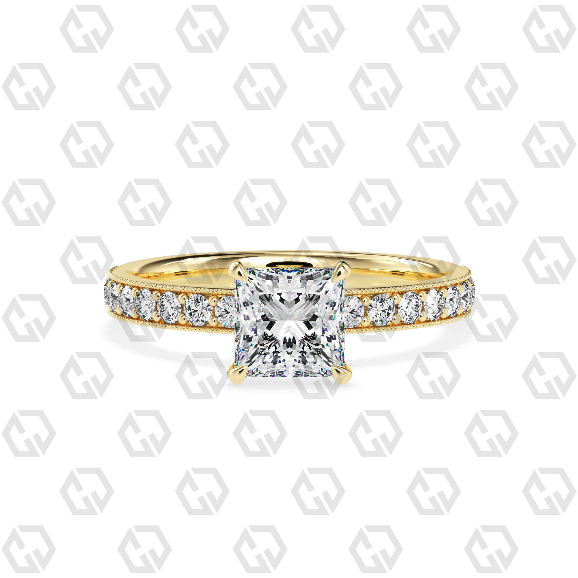 Ring 168 Princess Shape milgrain pave set ring with Gems 3D print model_13