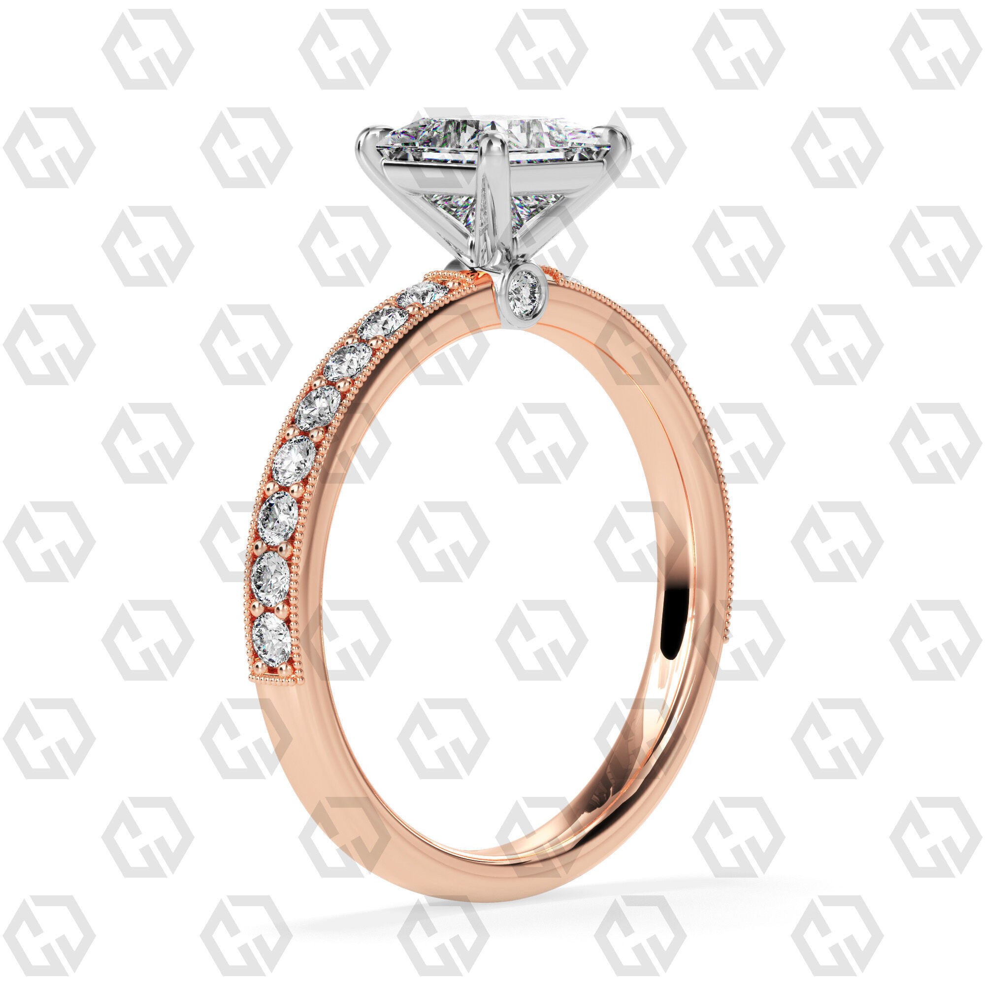 Ring 168 Princess Shape milgrain pave set ring with Gems 3D print model_4