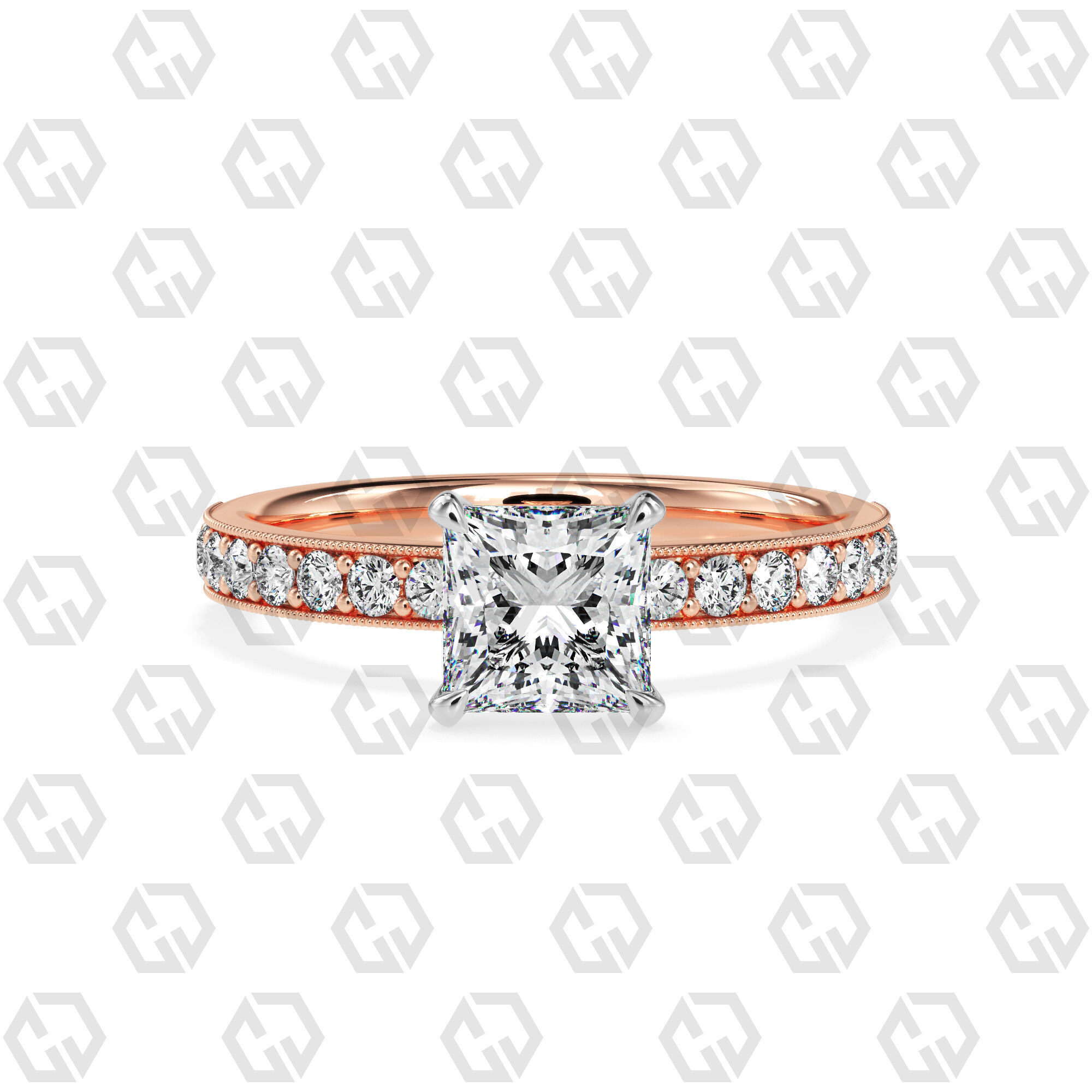 Ring 168 Princess Shape milgrain pave set ring with Gems 3D print model_5
