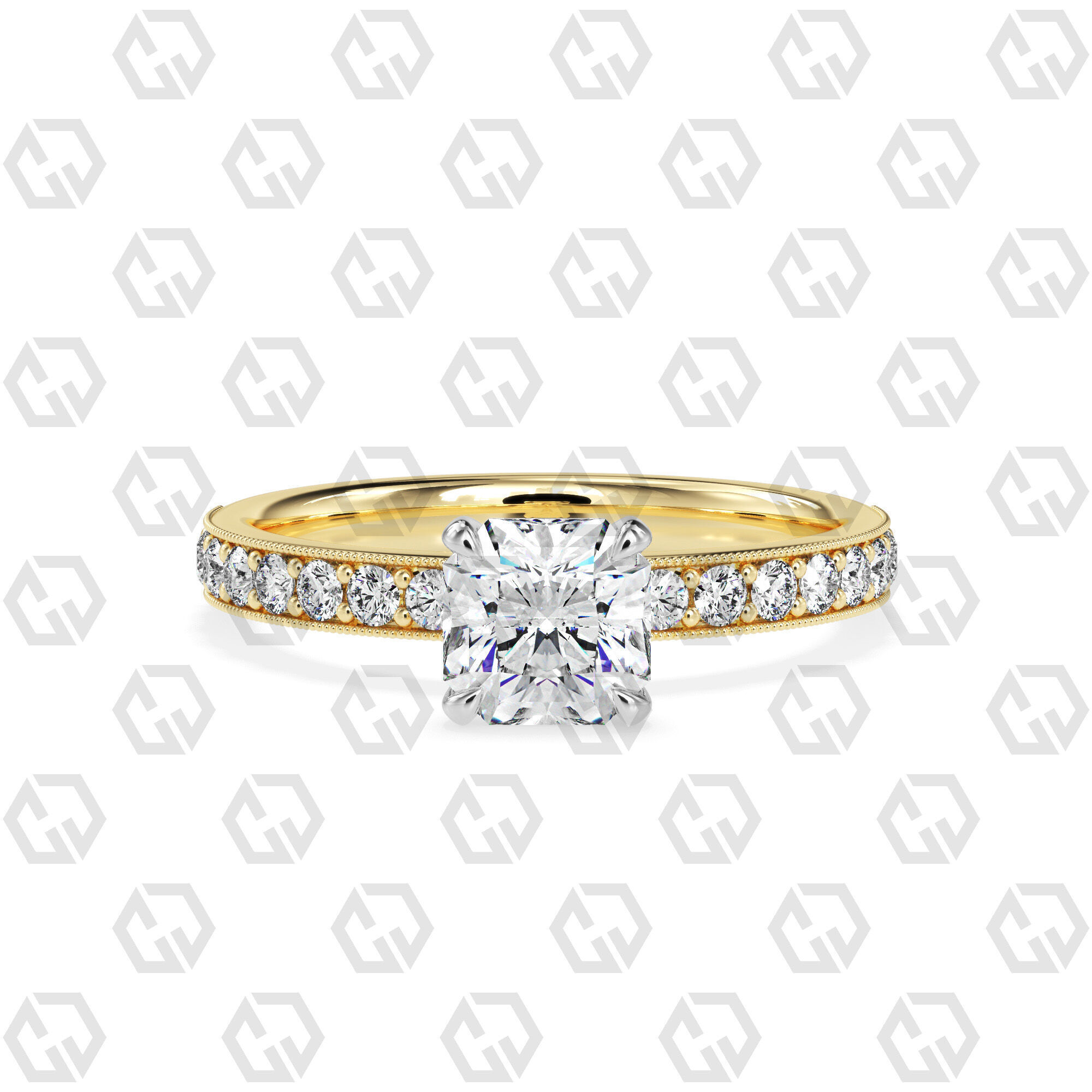 Ring 170 Radiant Shape milgrain pave set ring with Gems 3D print model_9