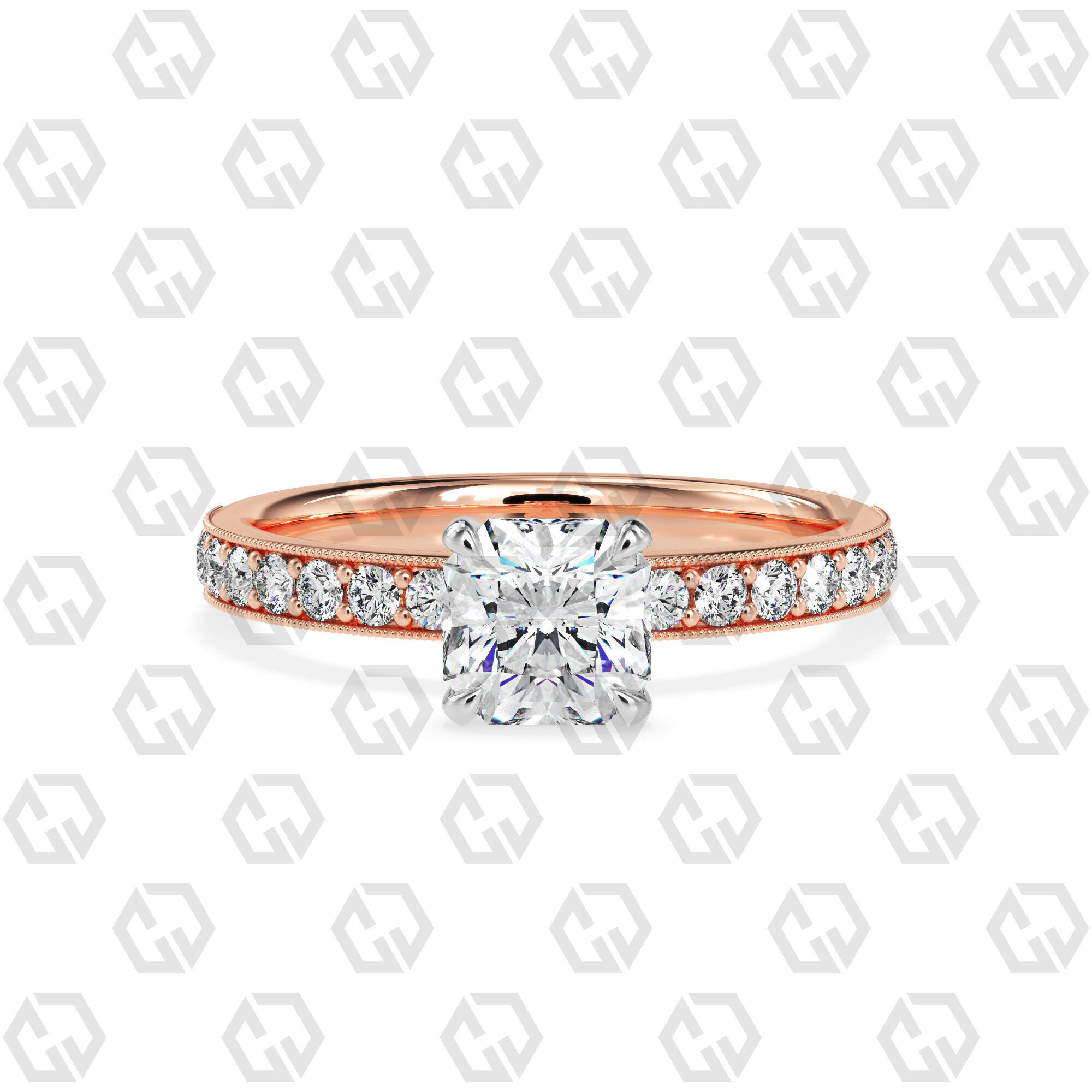 Ring 170 Radiant Shape milgrain pave set ring with Gems 3D print model_5