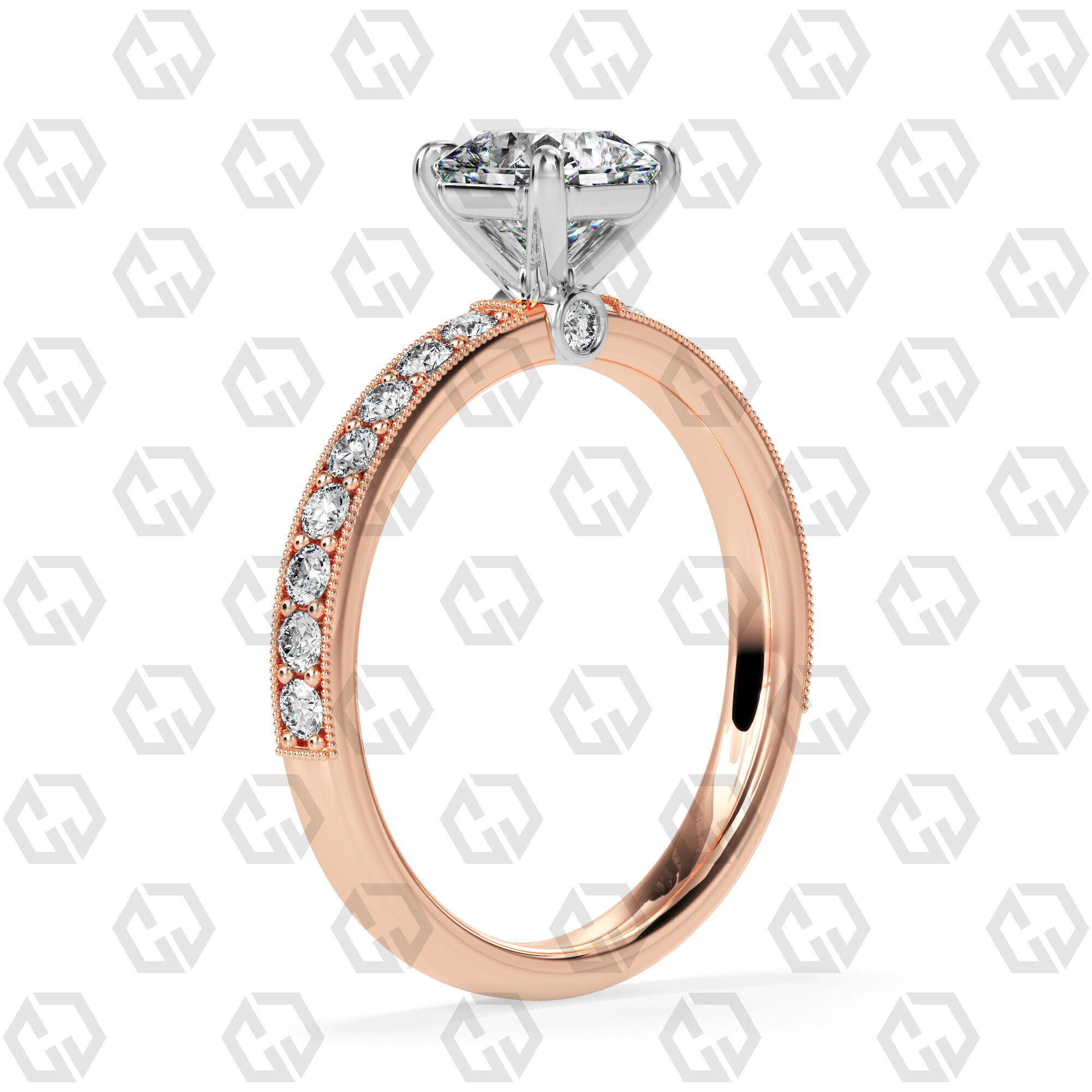 Ring 170 Radiant Shape milgrain pave set ring with Gems 3D print model_4