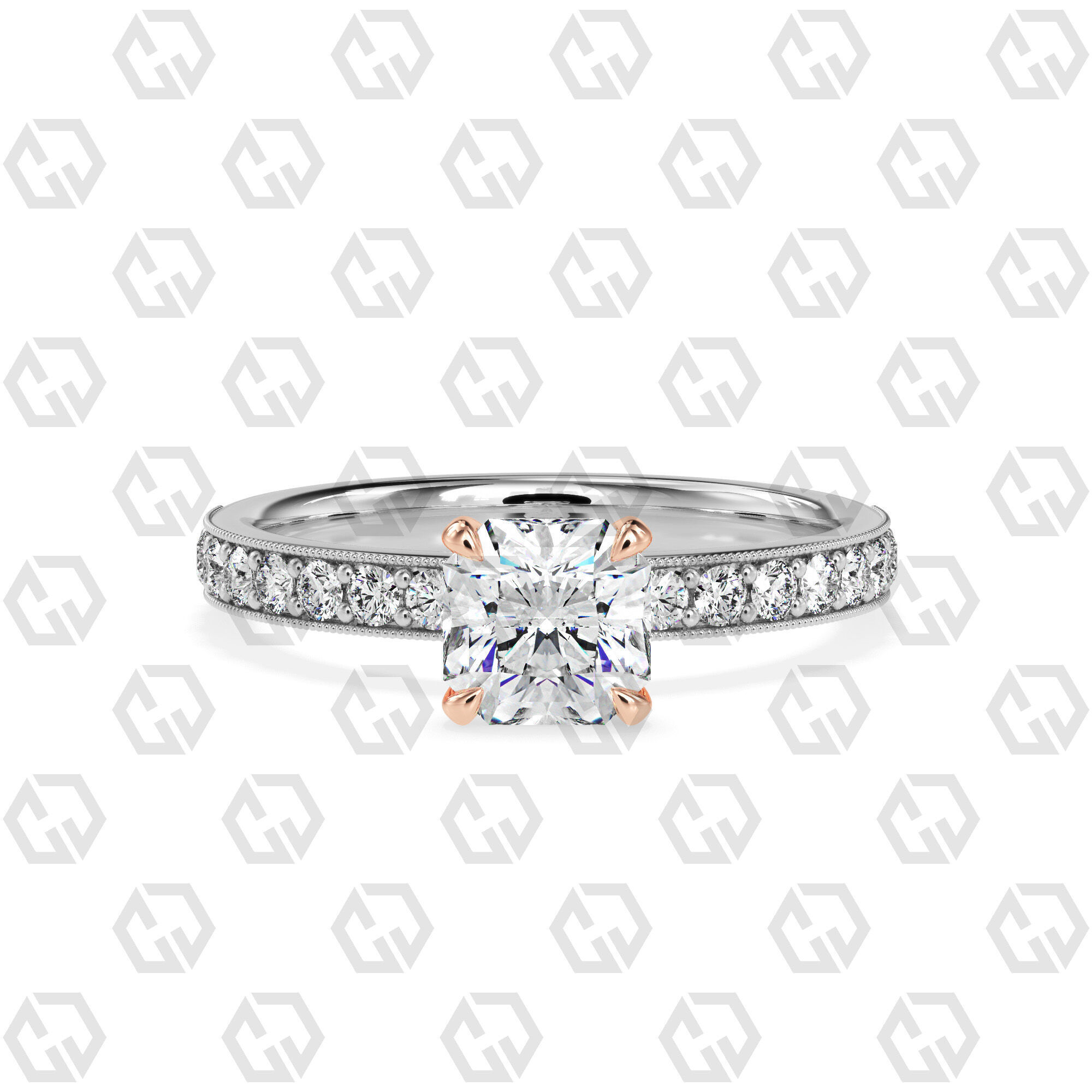 Ring 170 Radiant Shape milgrain pave set ring with Gems 3D print model_3