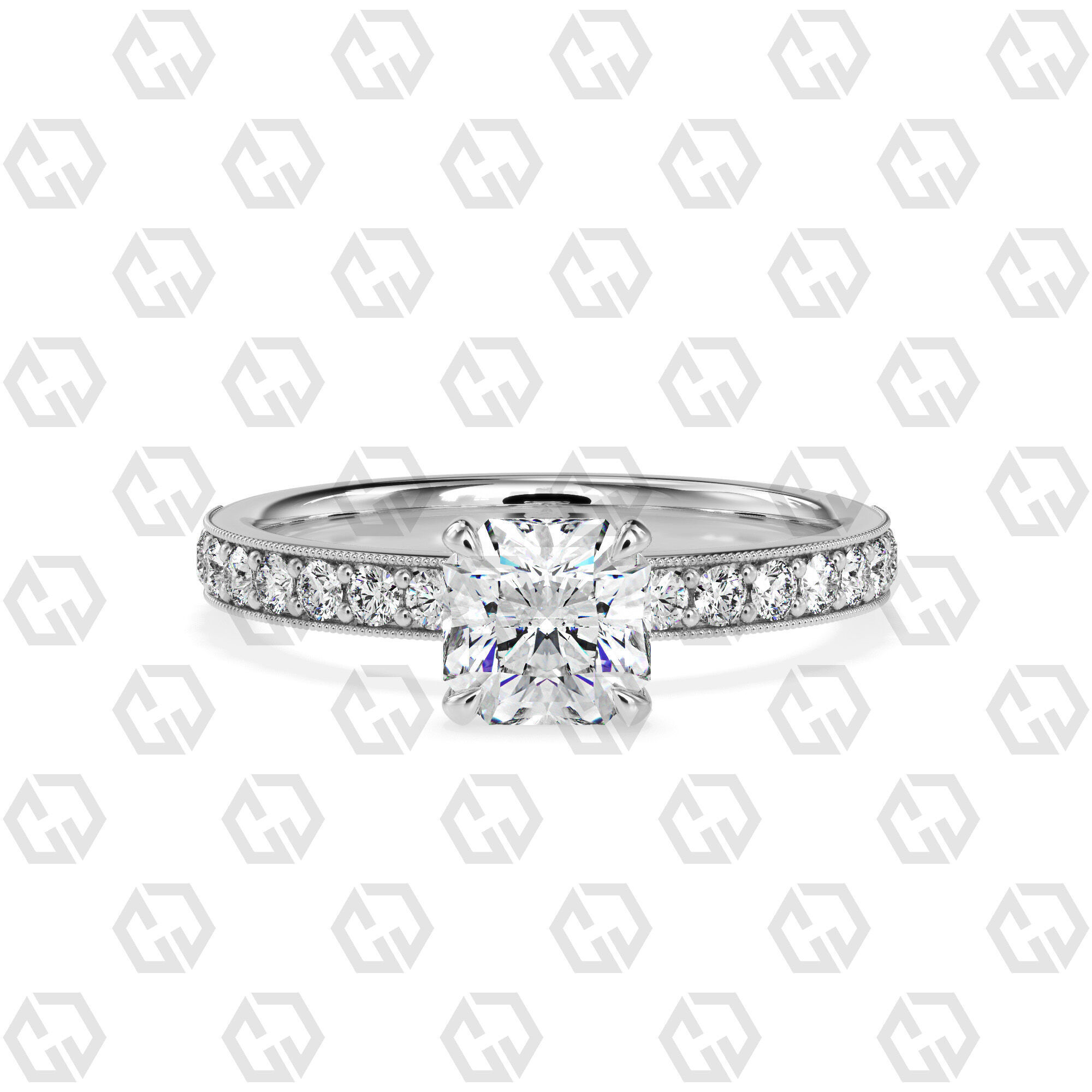 Ring 170 Radiant Shape milgrain pave set ring with Gems 3D print model_7