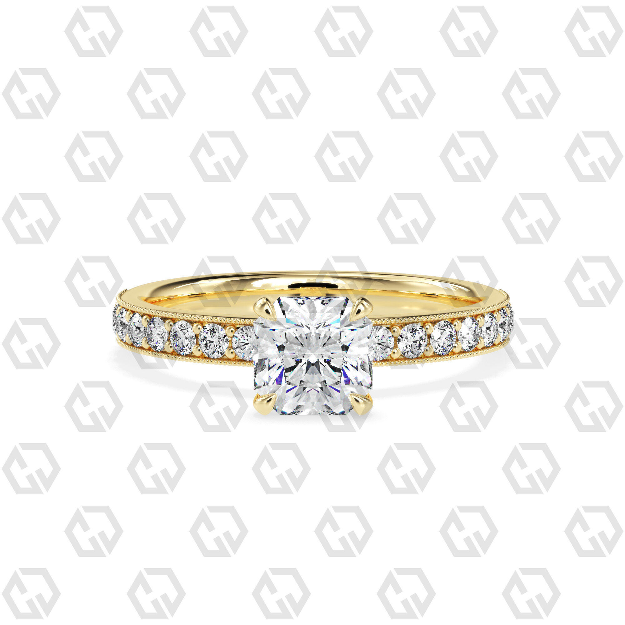 Ring 170 Radiant Shape milgrain pave set ring with Gems 3D print model_13