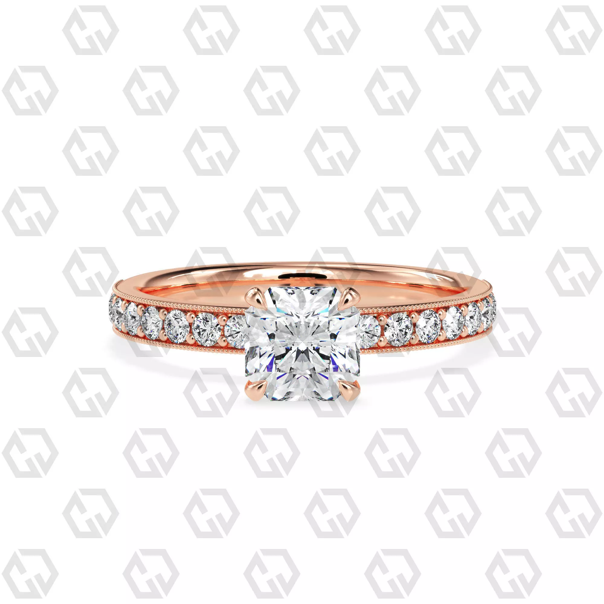 Ring 170 Radiant Shape milgrain pave set ring with Gems 3D print model_0