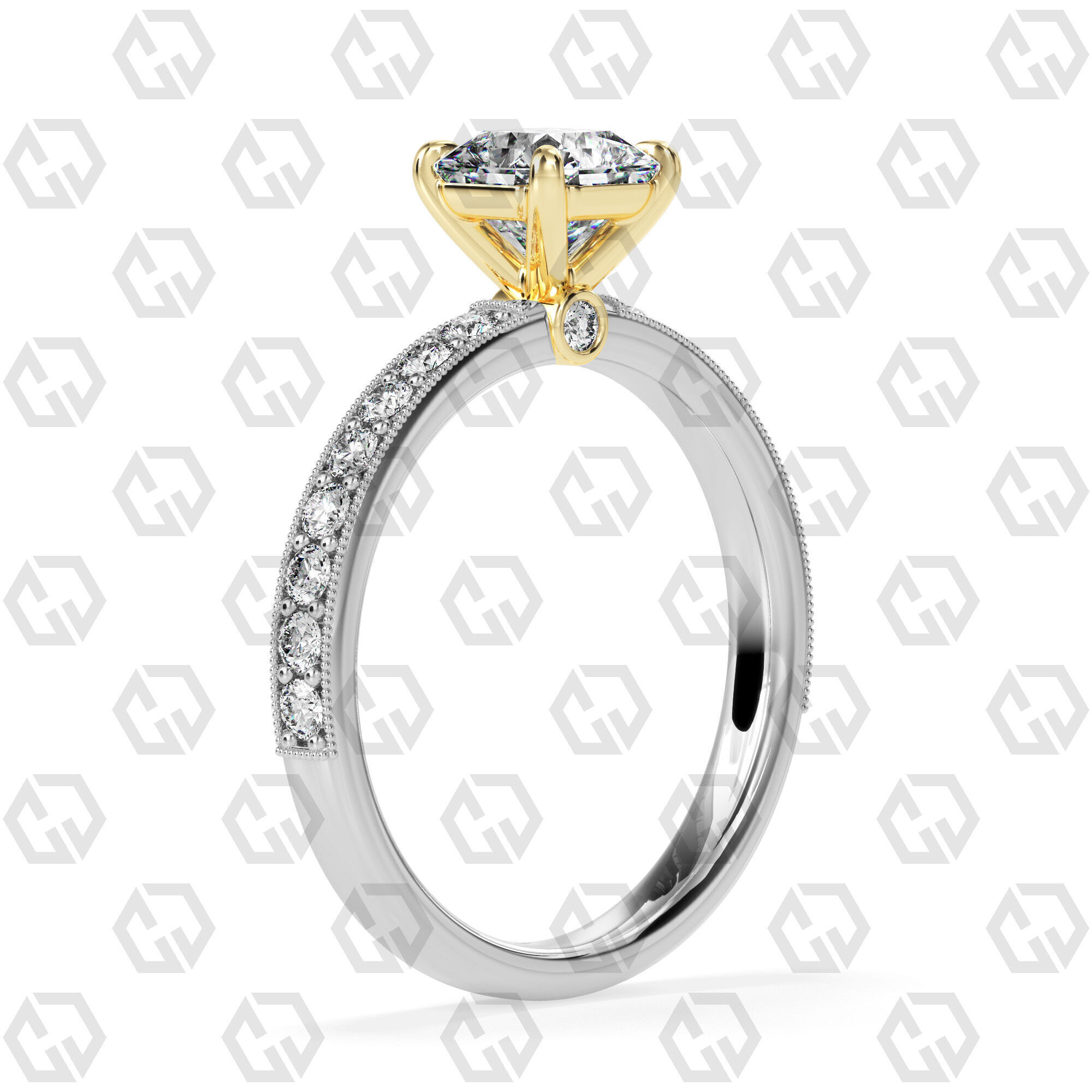 Ring 170 Radiant Shape milgrain pave set ring with Gems 3D print model_10