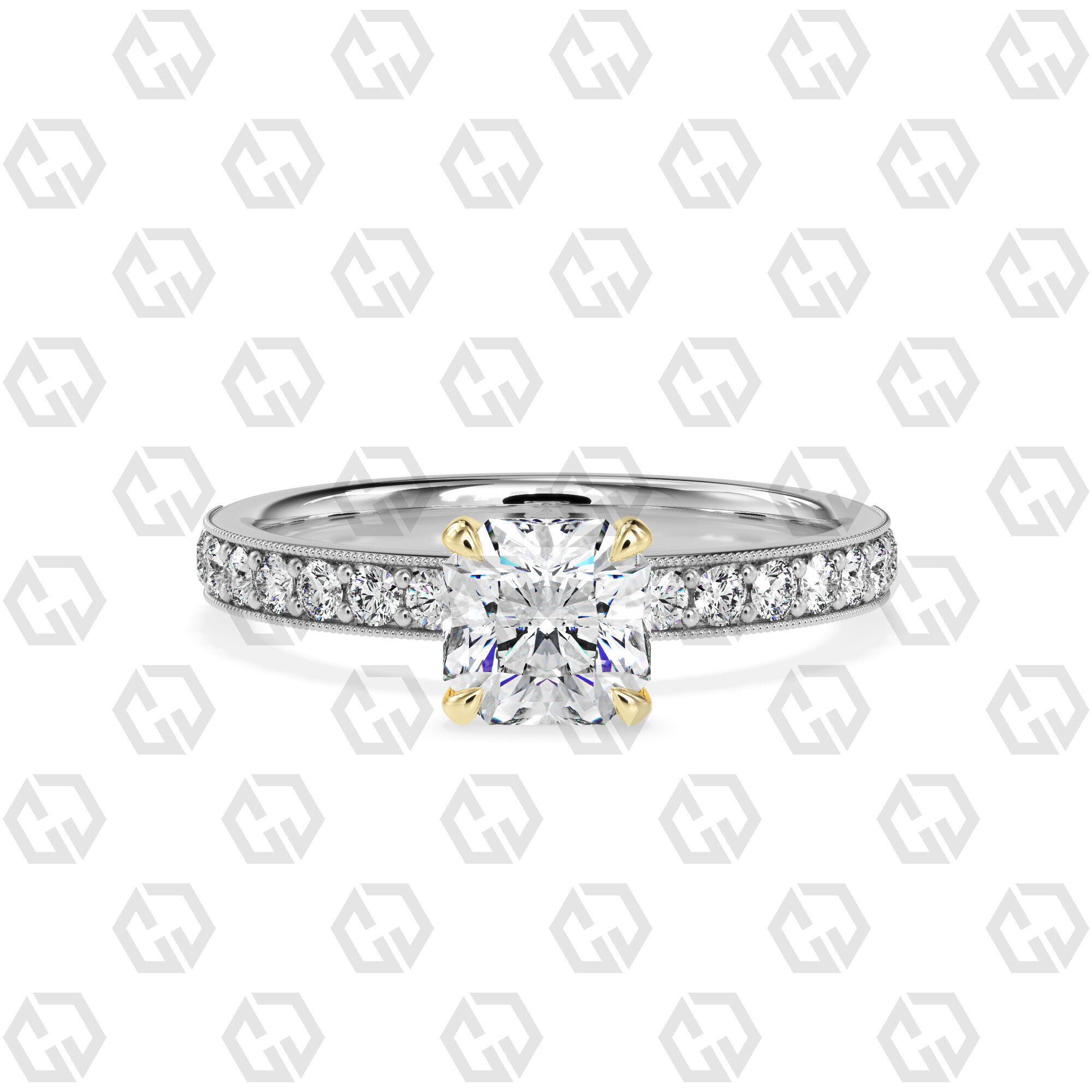 Ring 170 Radiant Shape milgrain pave set ring with Gems 3D print model_11