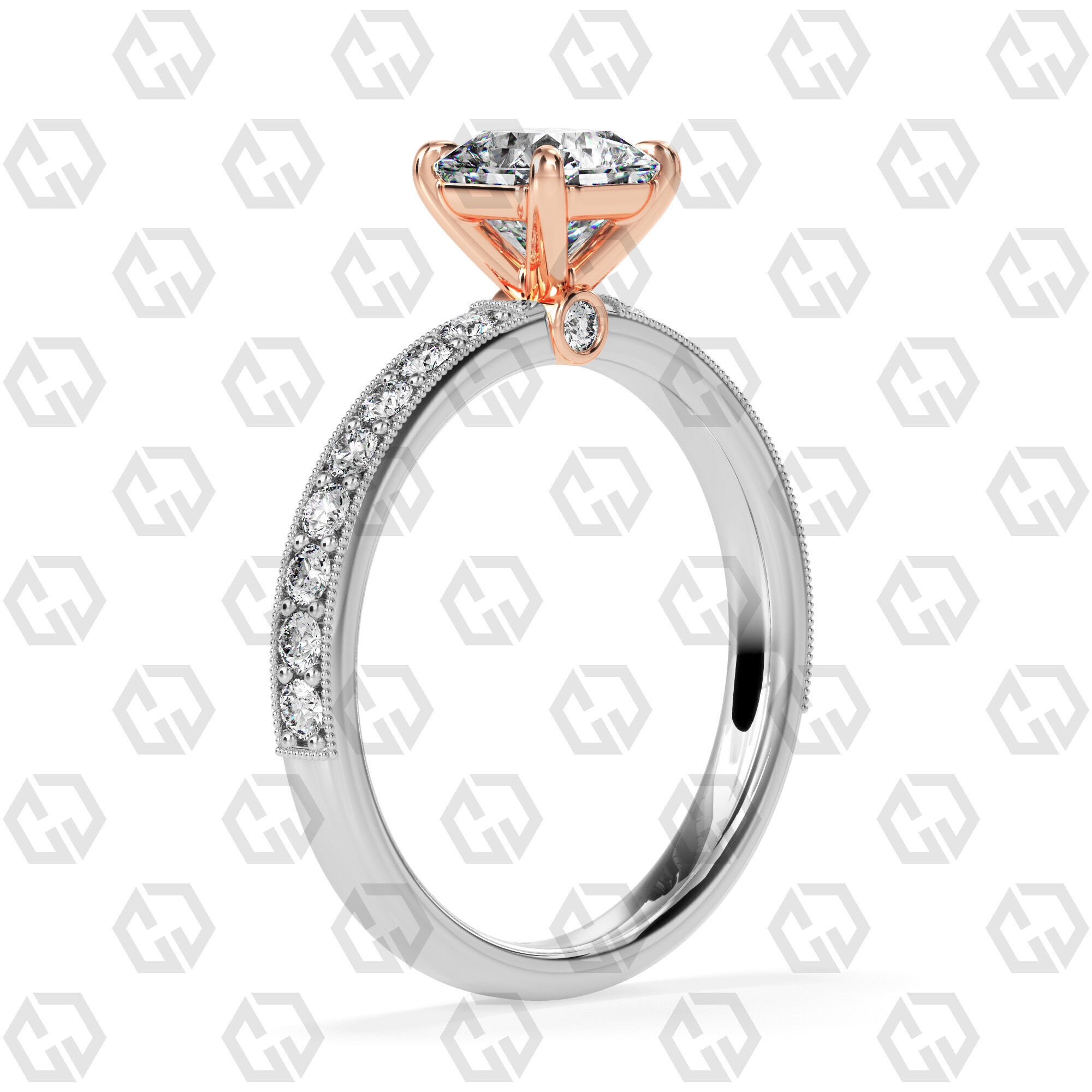 Ring 170 Radiant Shape milgrain pave set ring with Gems 3D print model_2