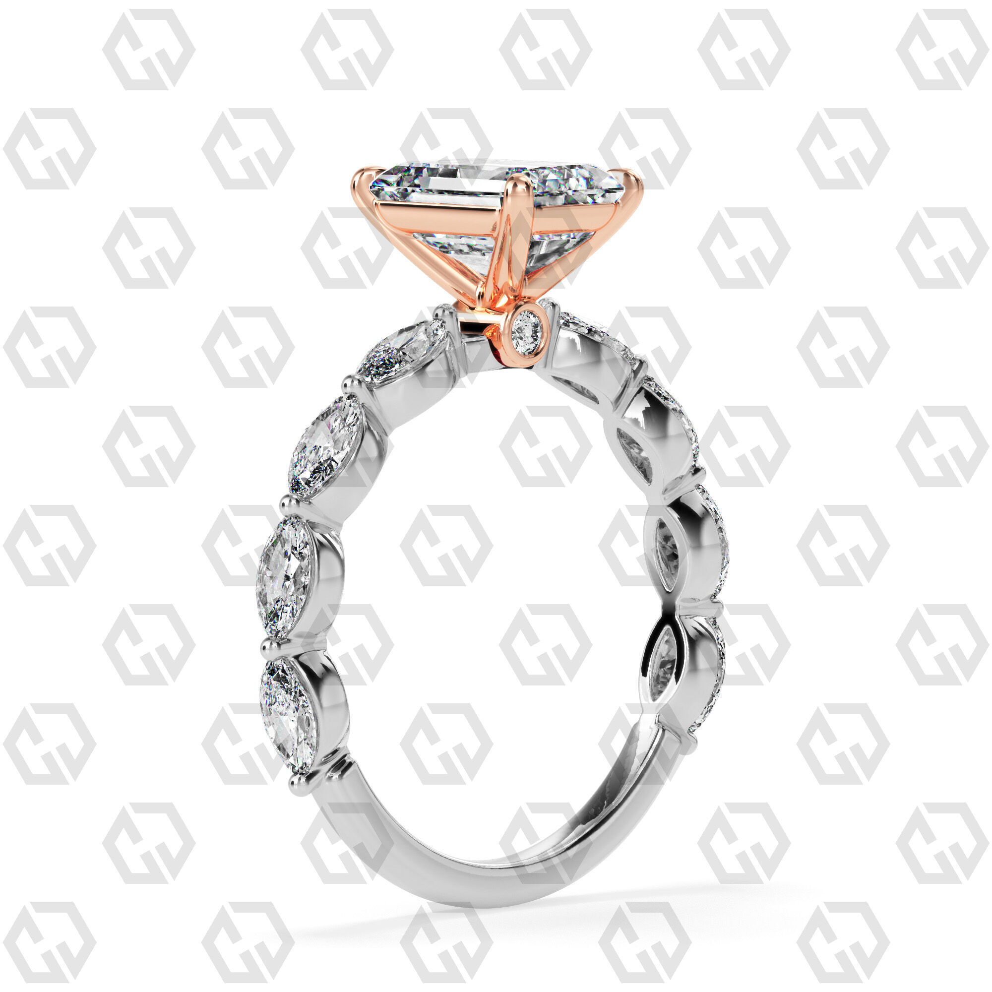 Ring 173 Emerald Shape marquise on shanks with Gems 3D print model_2