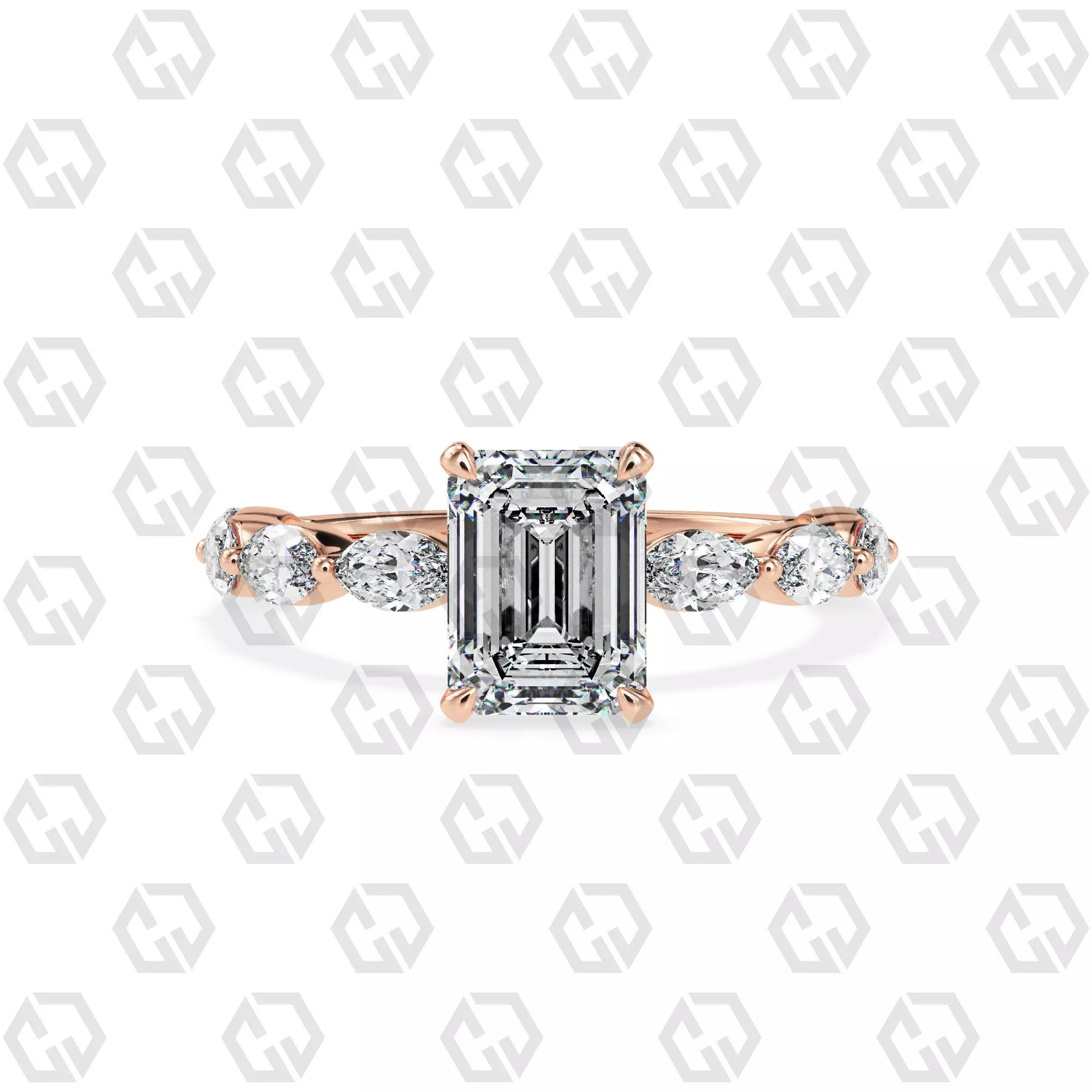 Ring 173 Emerald Shape marquise on shanks with Gems 3D print model_0