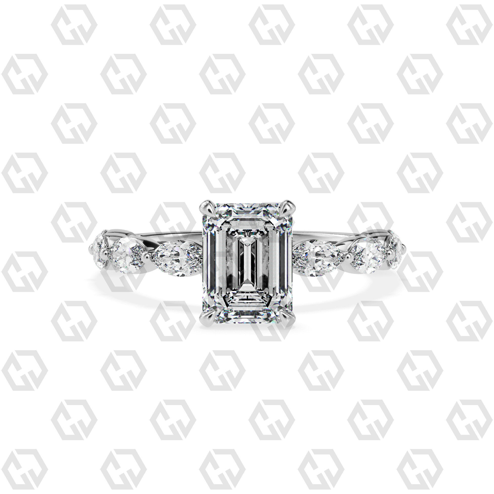 Ring 173 Emerald Shape marquise on shanks with Gems 3D print model_7