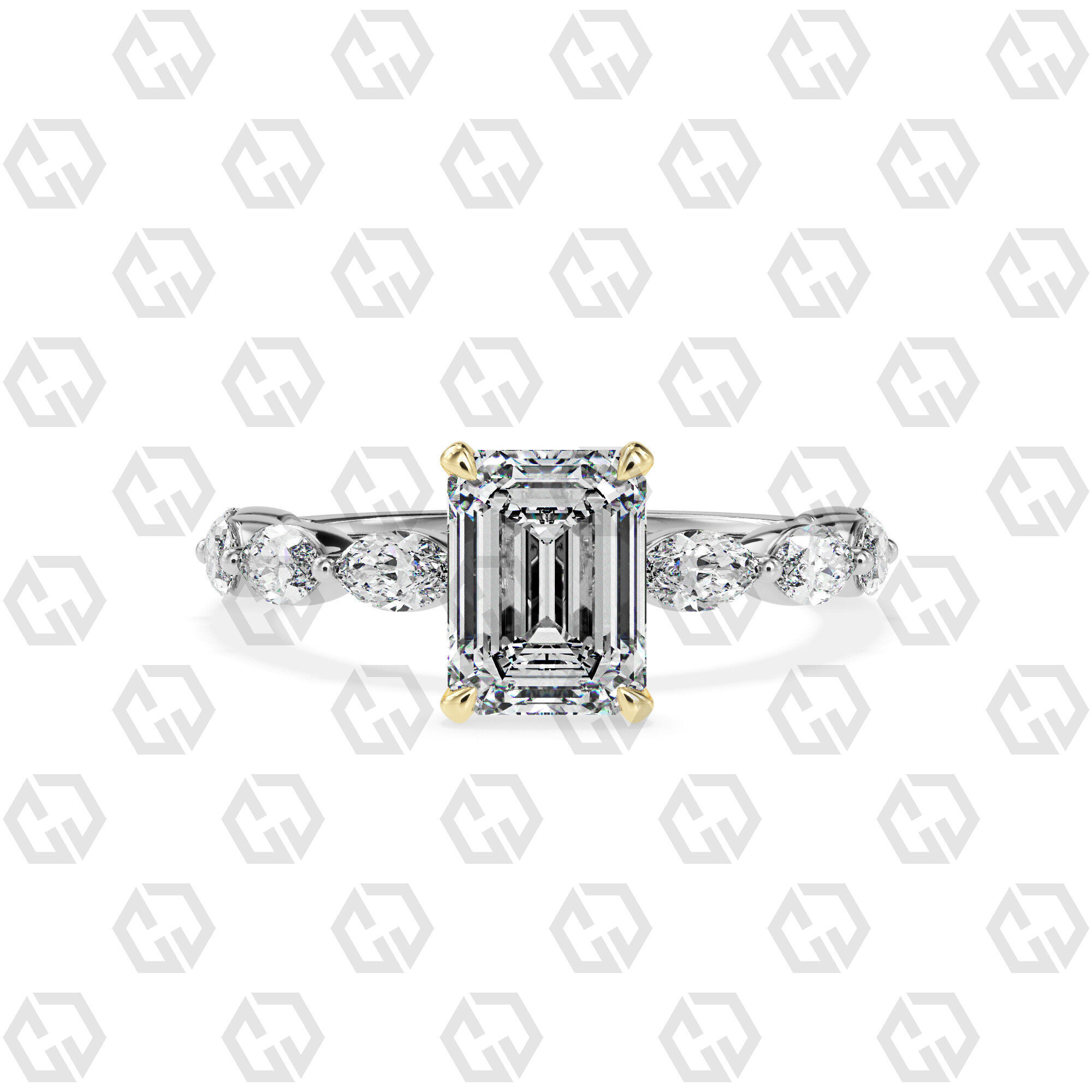 Ring 173 Emerald Shape marquise on shanks with Gems 3D print model_11