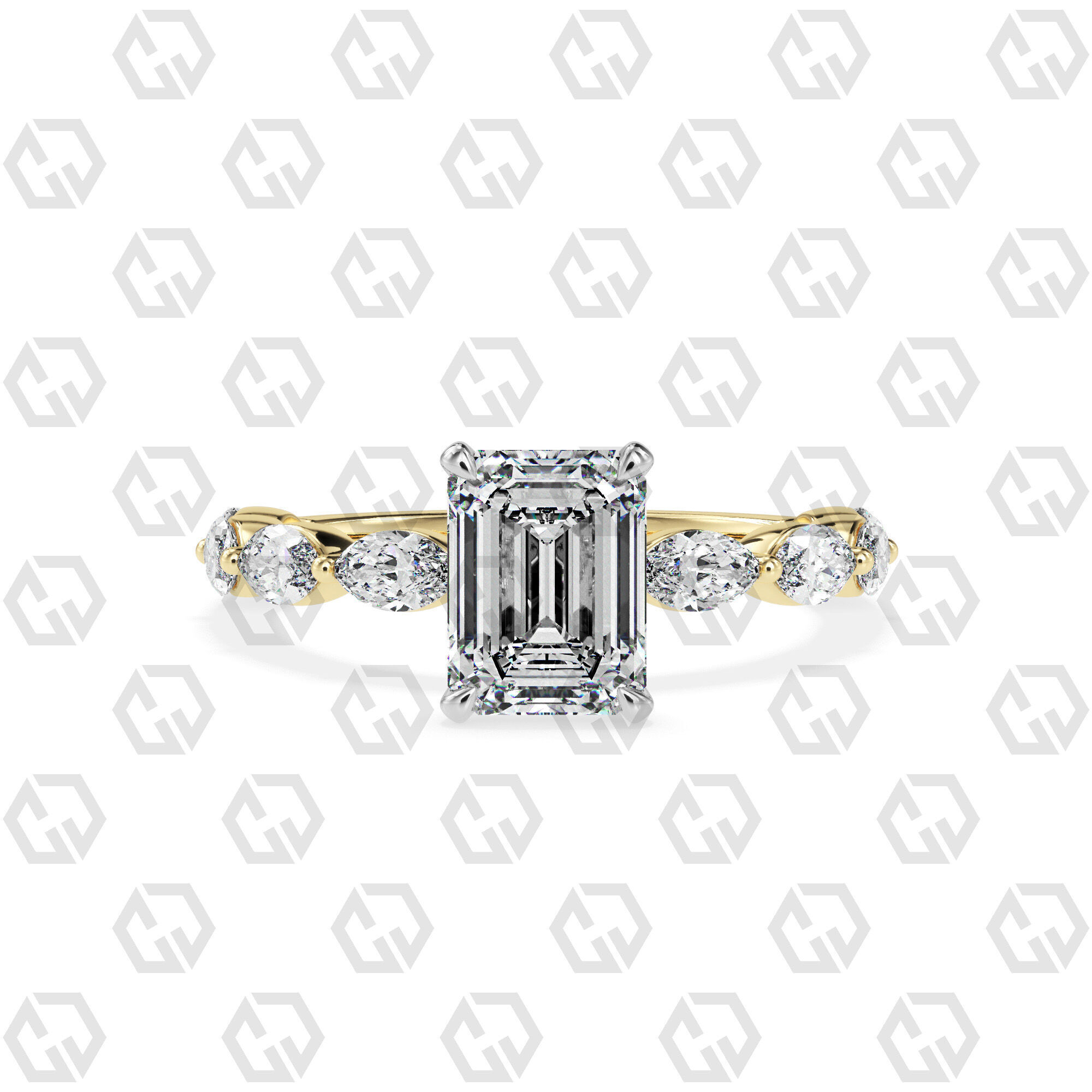 Ring 173 Emerald Shape marquise on shanks with Gems 3D print model_9