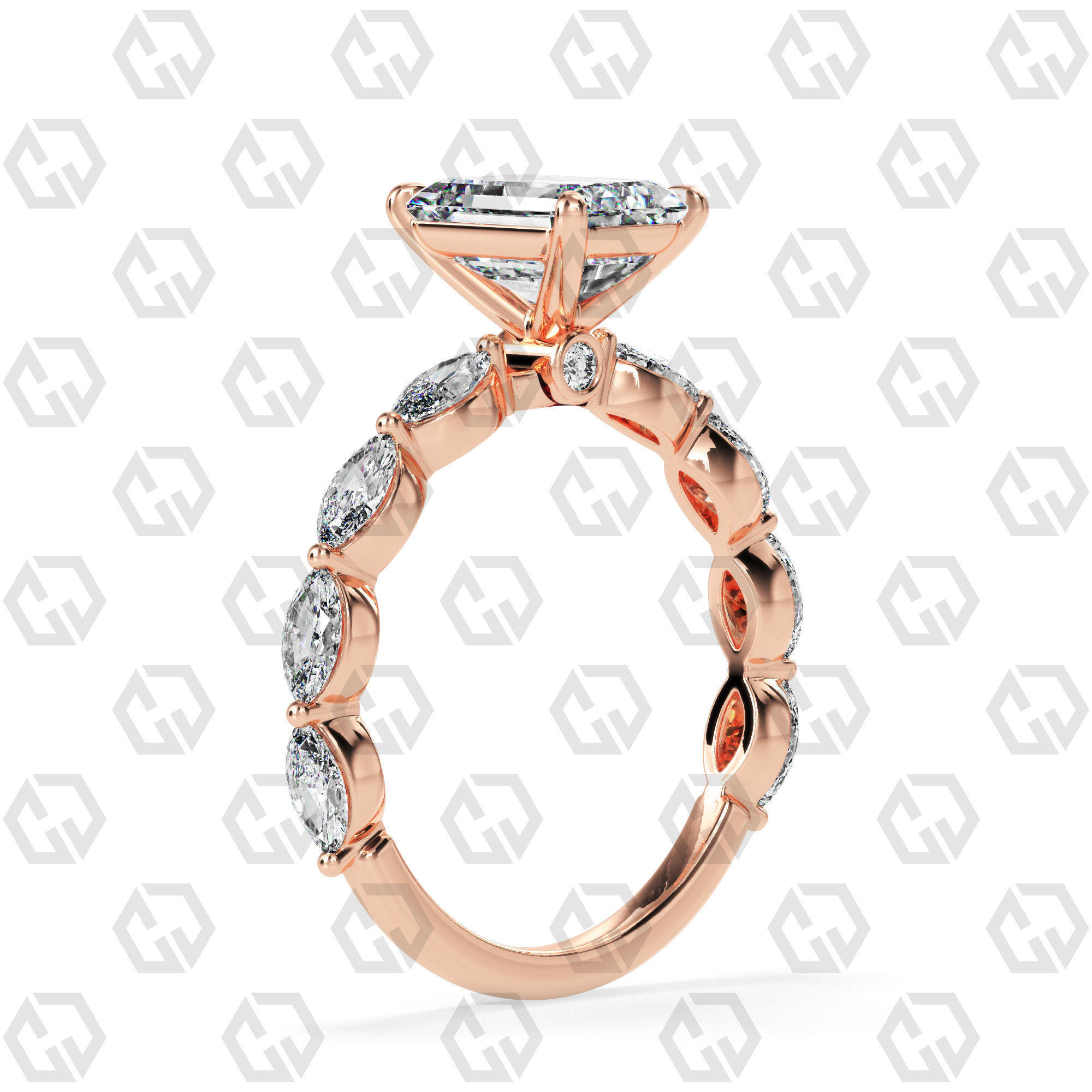 Ring 173 Emerald Shape marquise on shanks with Gems 3D print model_1