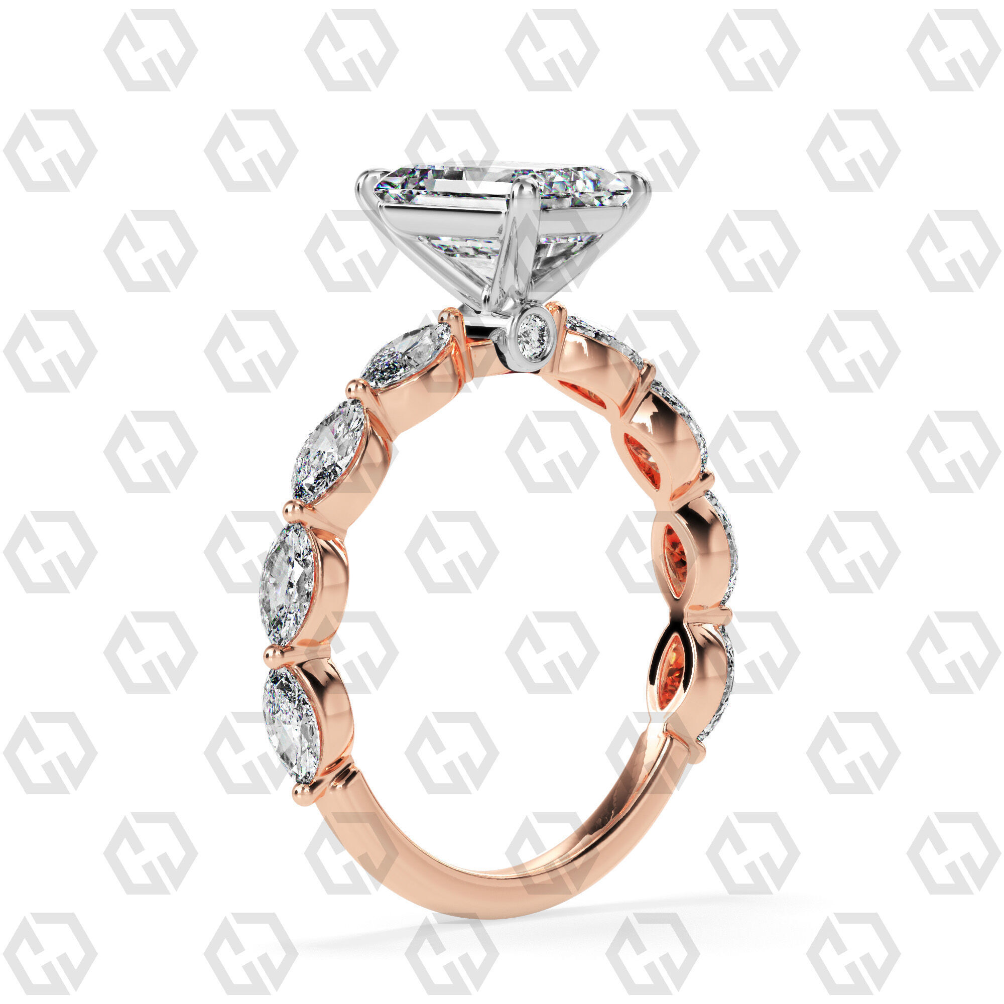 Ring 173 Emerald Shape marquise on shanks with Gems 3D print model_4