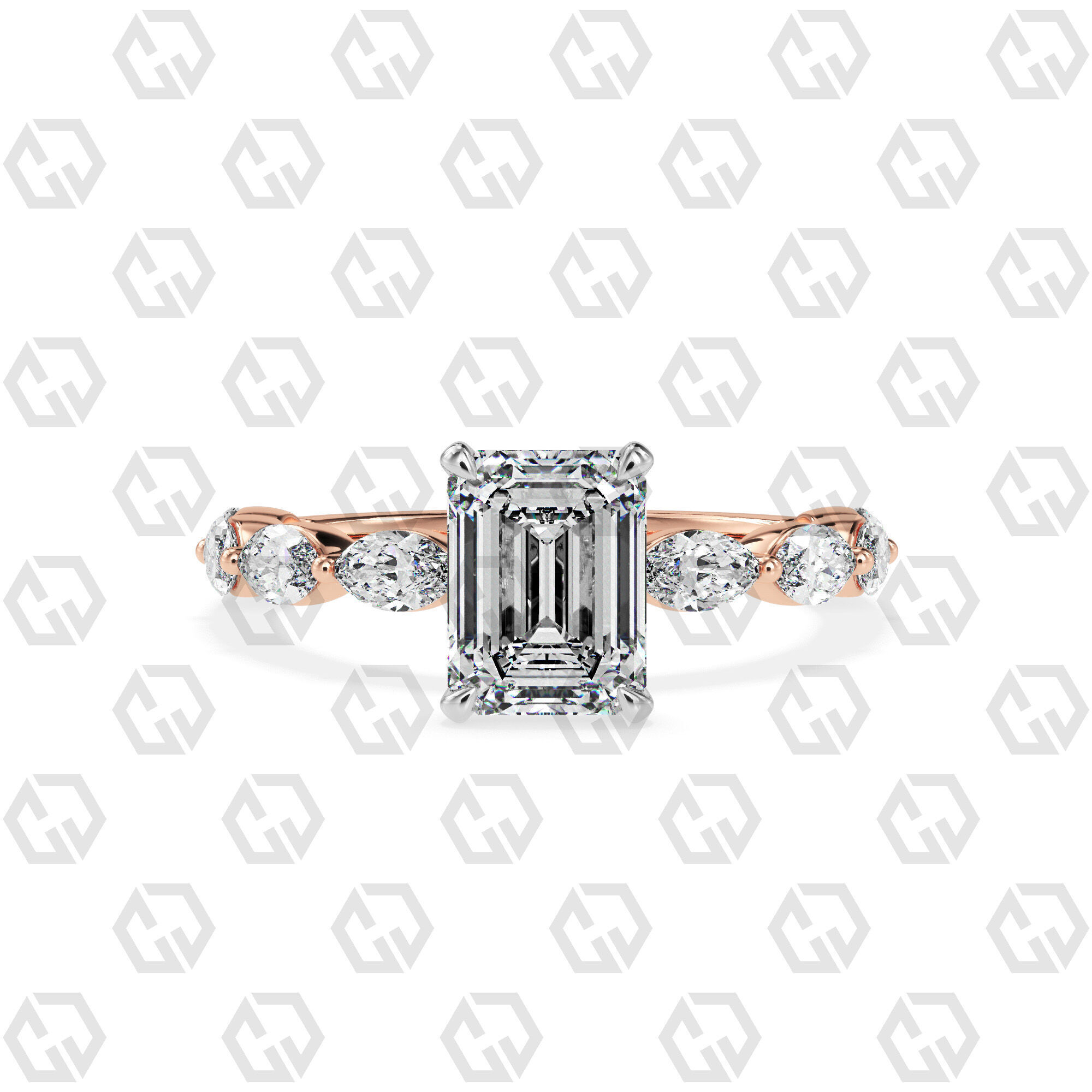 Ring 173 Emerald Shape marquise on shanks with Gems 3D print model_5