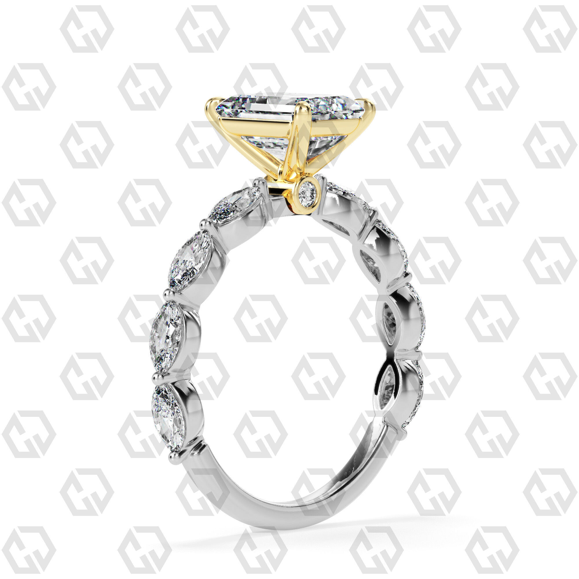 Ring 173 Emerald Shape marquise on shanks with Gems 3D print model_10