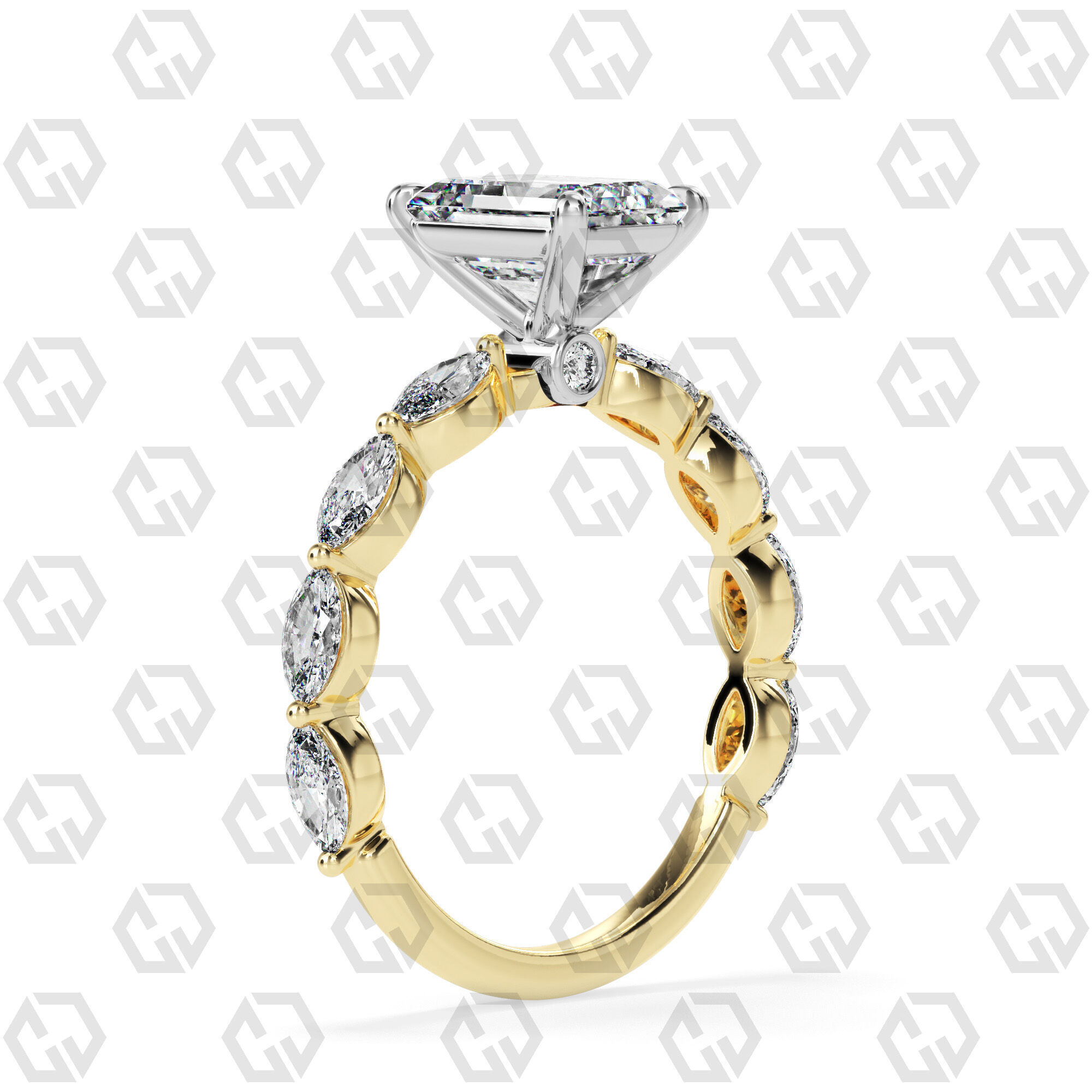 Ring 173 Emerald Shape marquise on shanks with Gems 3D print model_8