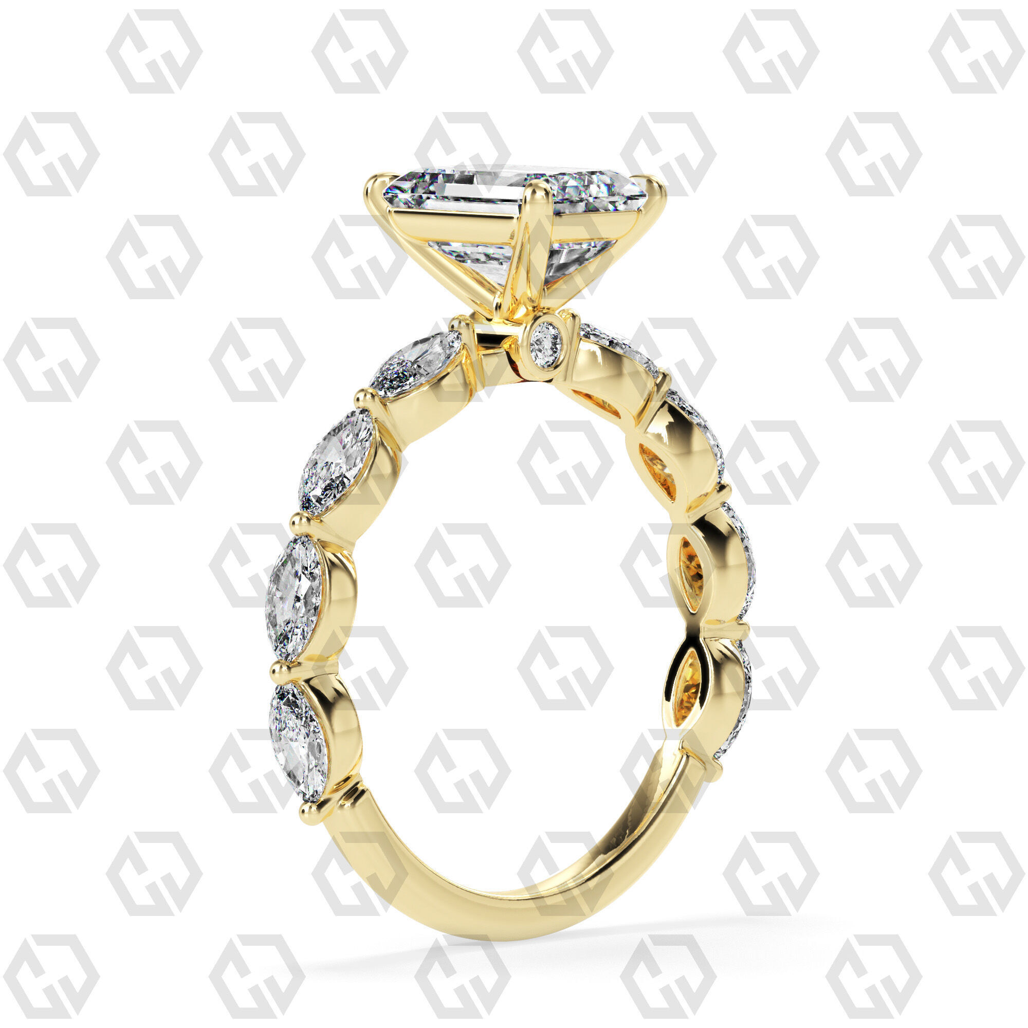 Ring 173 Emerald Shape marquise on shanks with Gems 3D print model_12