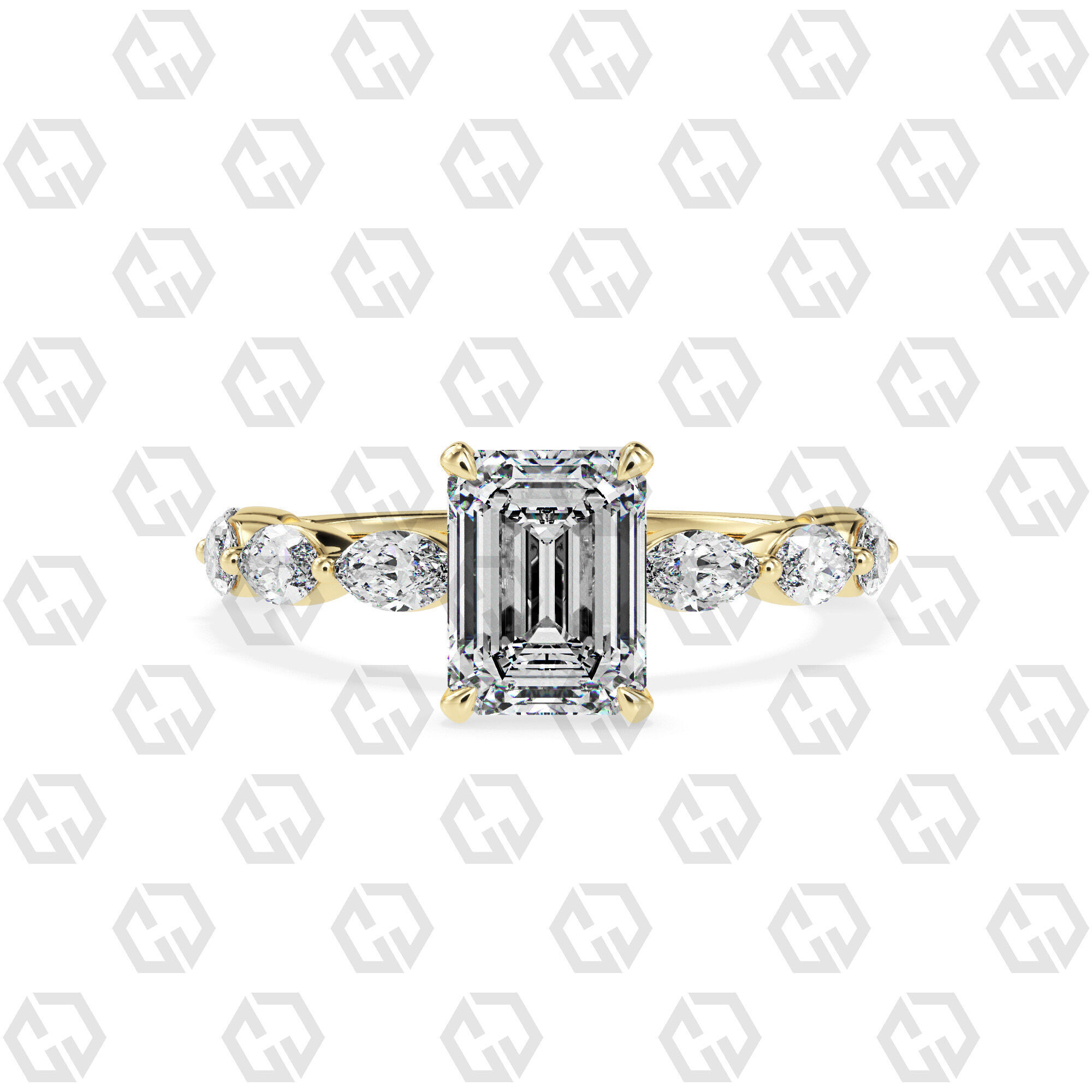 Ring 173 Emerald Shape marquise on shanks with Gems 3D print model_13