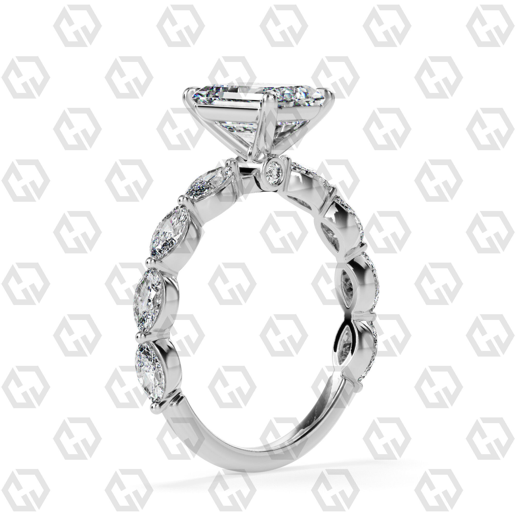 Ring 173 Emerald Shape marquise on shanks with Gems 3D print model_6