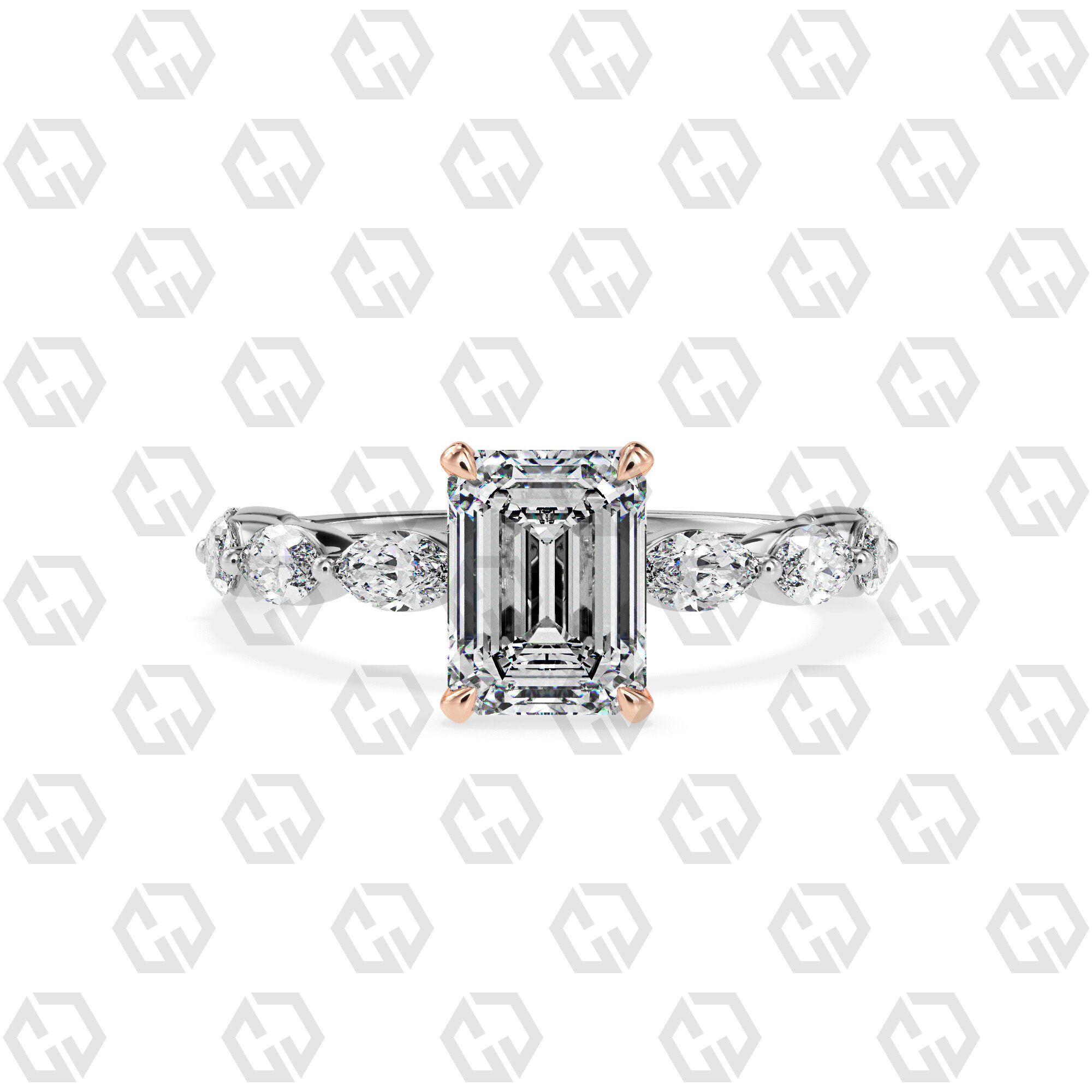 Ring 173 Emerald Shape marquise on shanks with Gems 3D print model_3