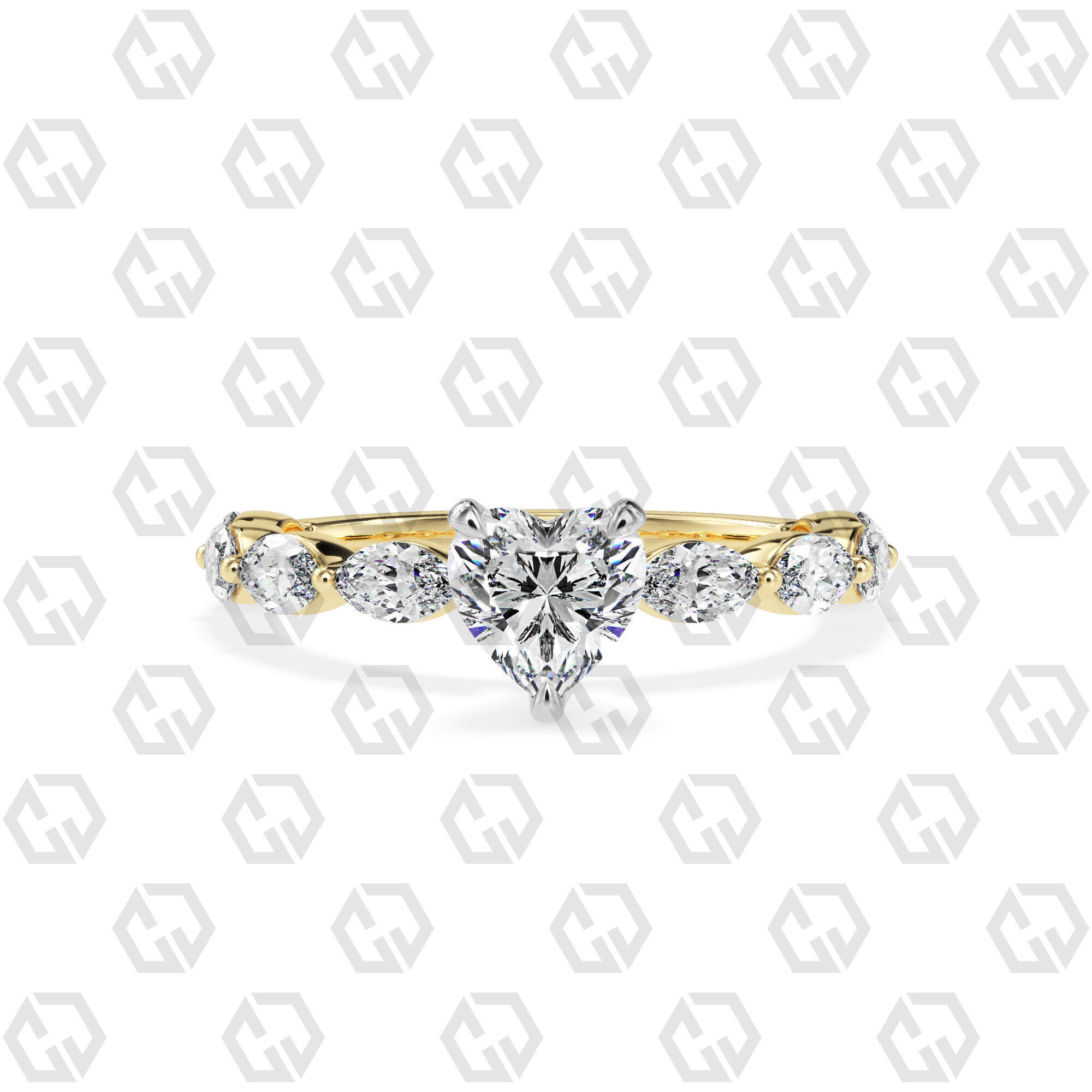 Ring 174 Heart Shape marquise on shanks with Gems 3D print model_9