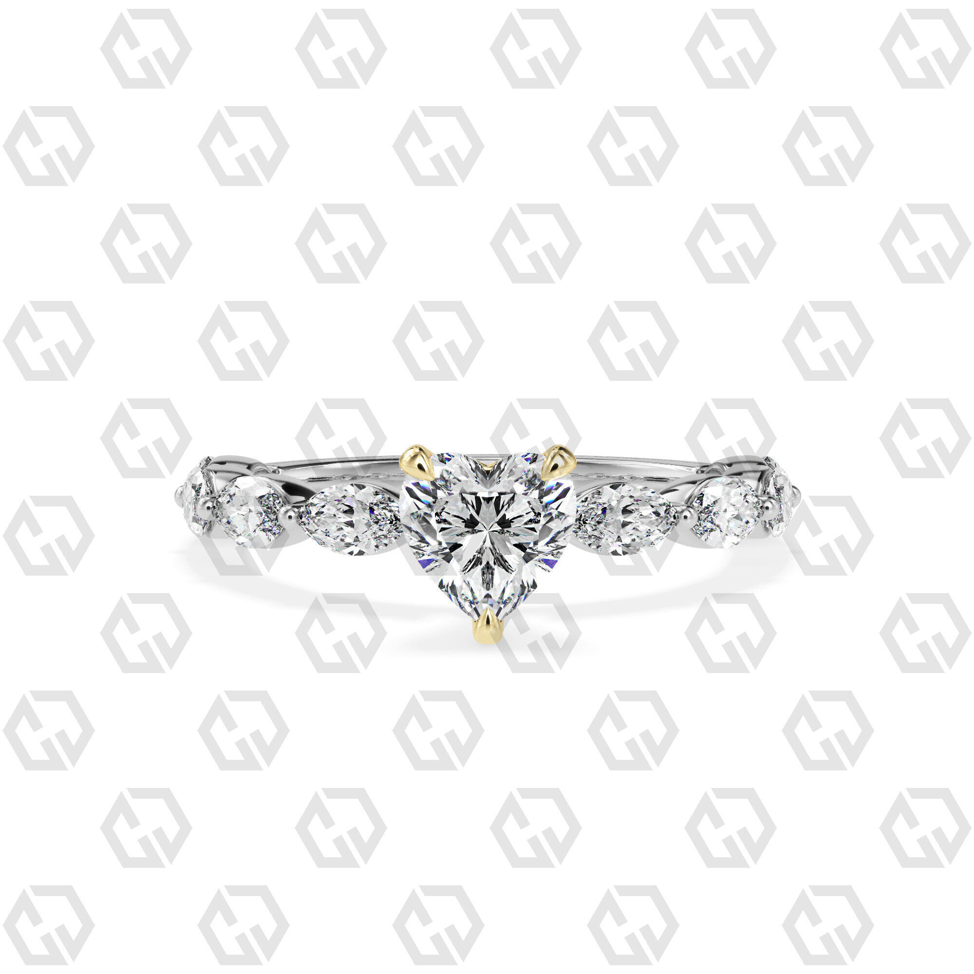 Ring 174 Heart Shape marquise on shanks with Gems 3D print model_11