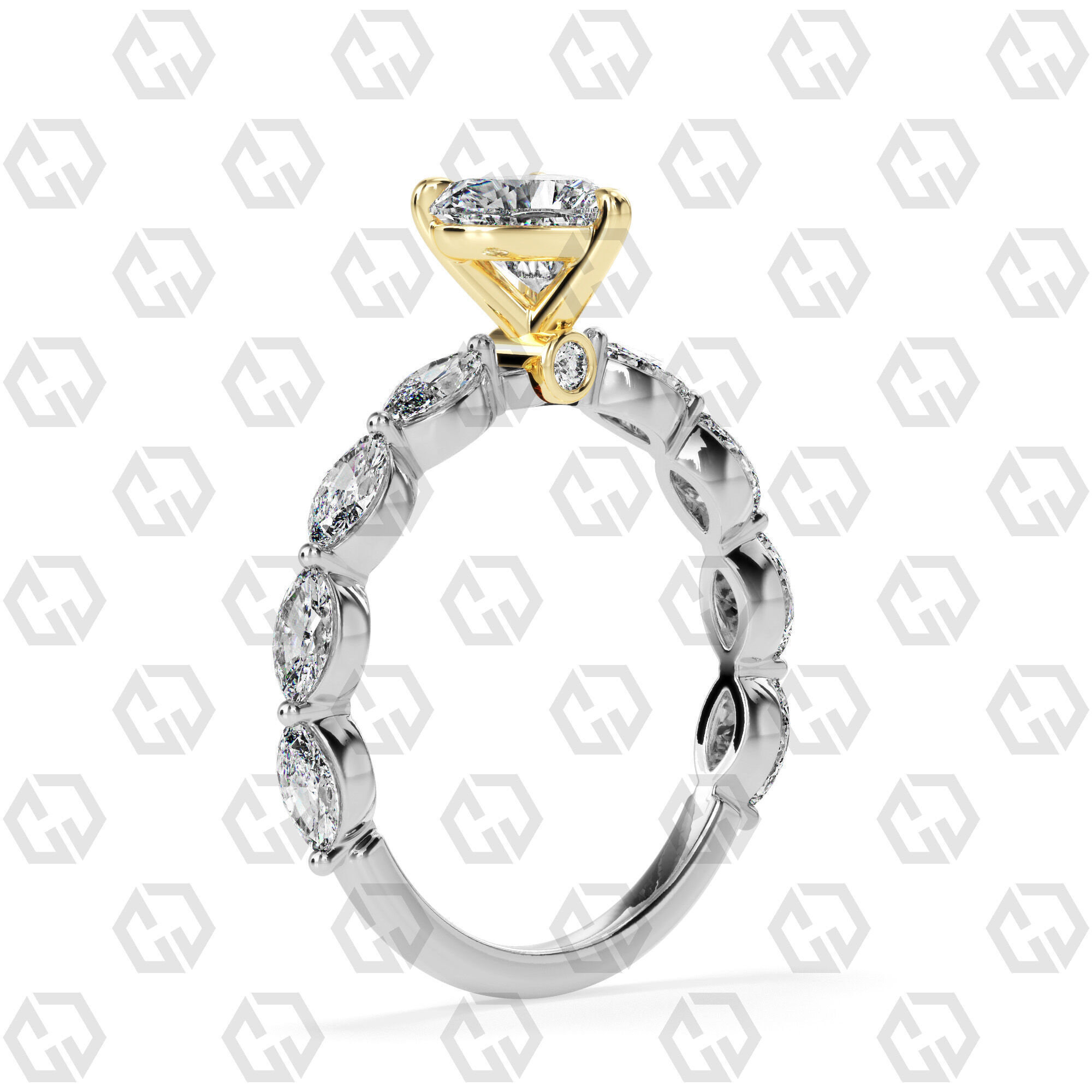 Ring 174 Heart Shape marquise on shanks with Gems 3D print model_10